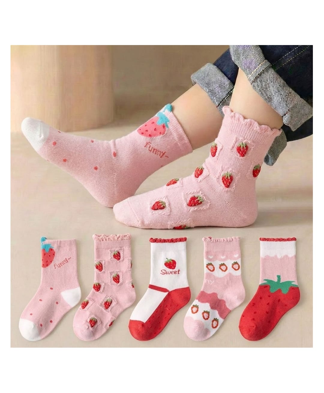 Bembika Knit Pack Of 5 Strawberry Designed Socks - Pink-image-30
