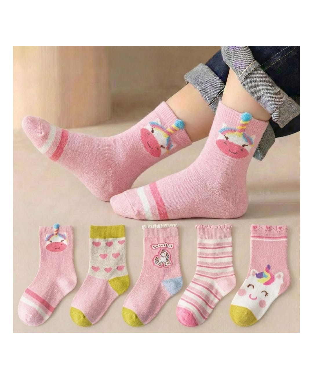 Bembika Knit Pack Of 5 Striped & Unicorn Designed Socks - Pink-picture-10