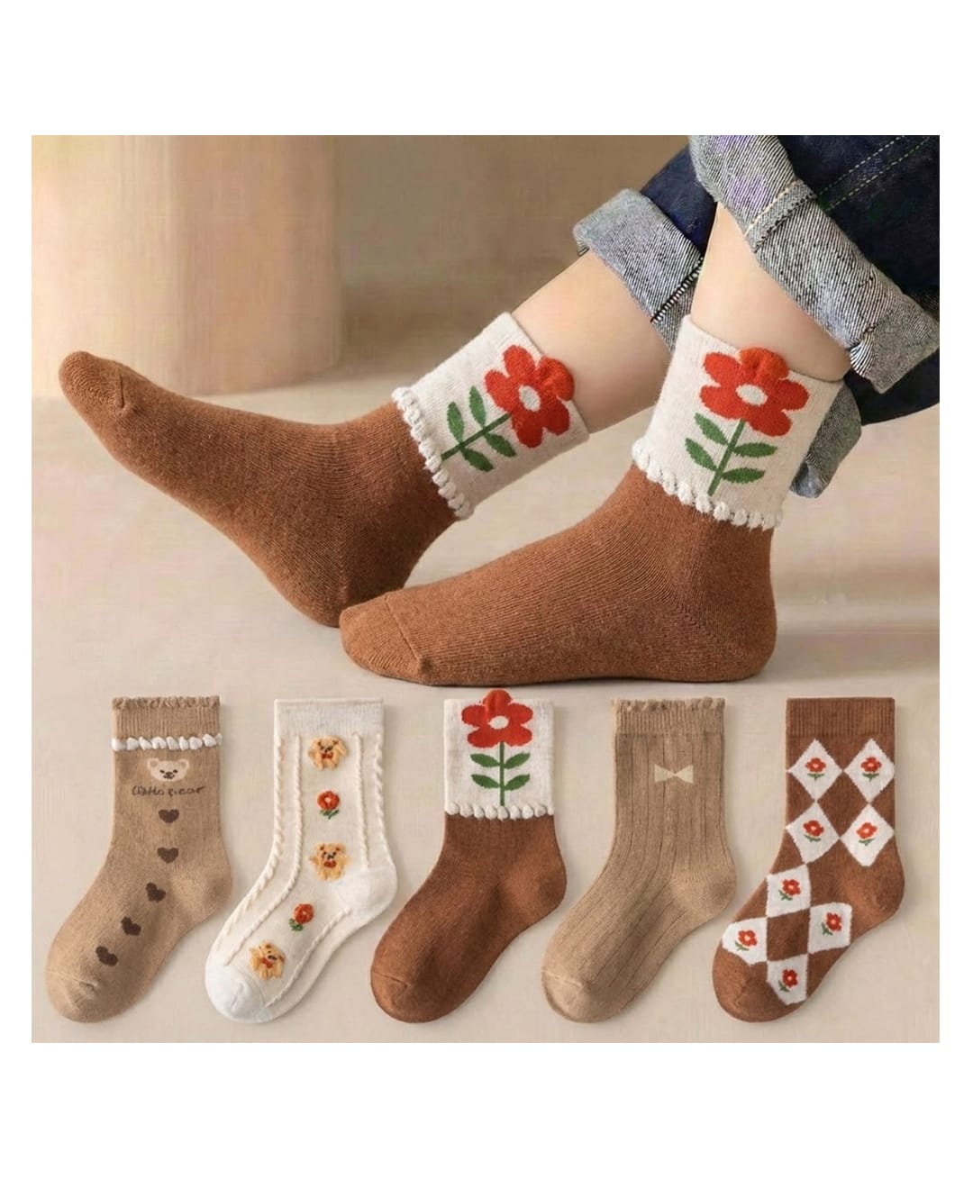Bembika Knit Pack Of 5 Floral & Heart Designed Socks - Dark Brown-image-34