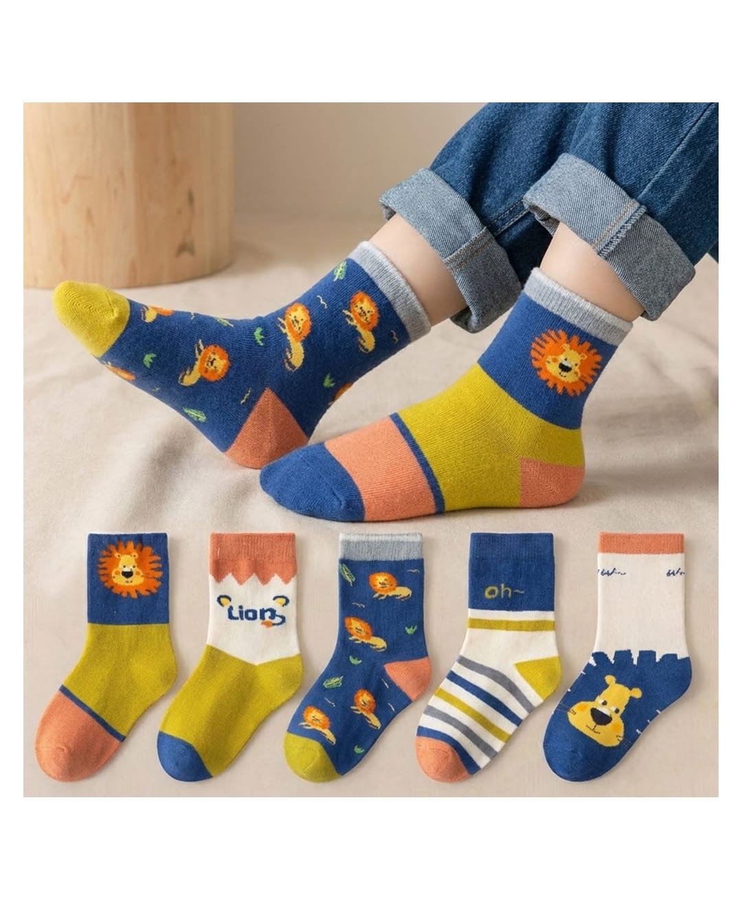 Bembika Knit Pack Of 5 Striped & Lion Designed Socks - Blue-picture-44