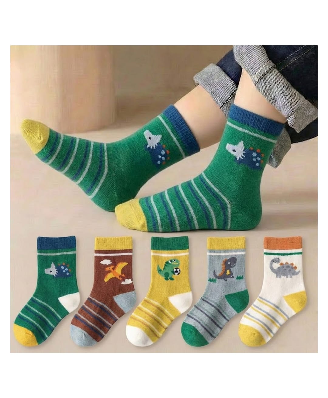 Bembika Pack Of 5 Animal Designed Striped Socks - Green-picture-12