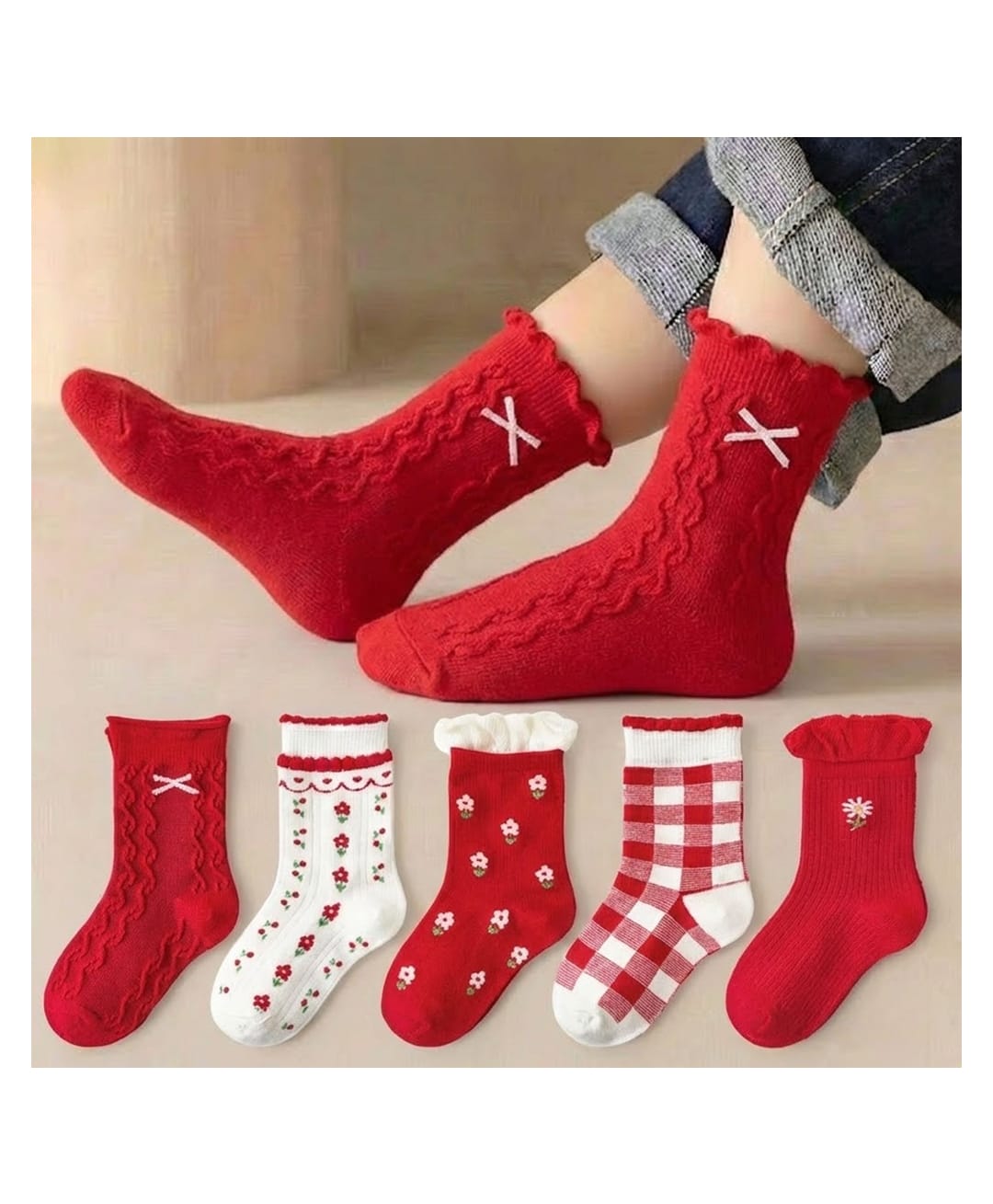 Bembika Knit Pack Of 5 Checked & Floral Designed Socks - Red-picture-35