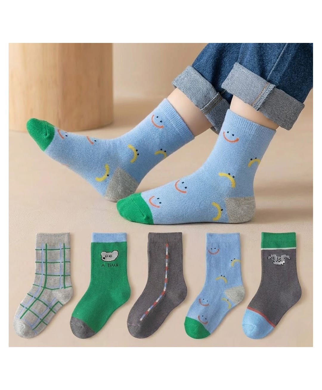 Bembika Knit Pack Of 5 Smiley Face Designed Socks - Multi Colour-picture-17