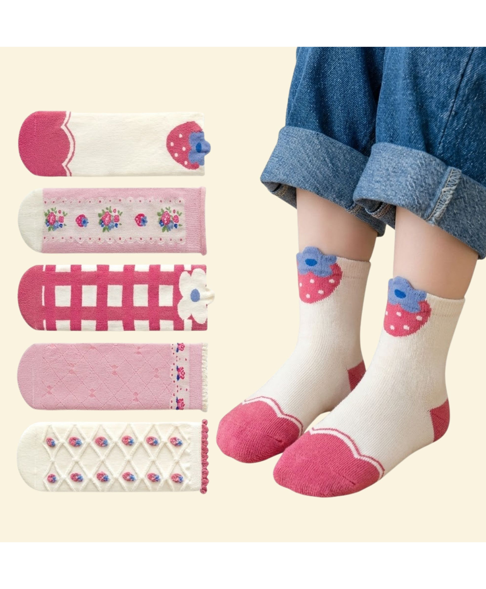 Bembika Knit Pack Of 5 Strawberry & Floral Designed Socks - Dark Pink-picture-18