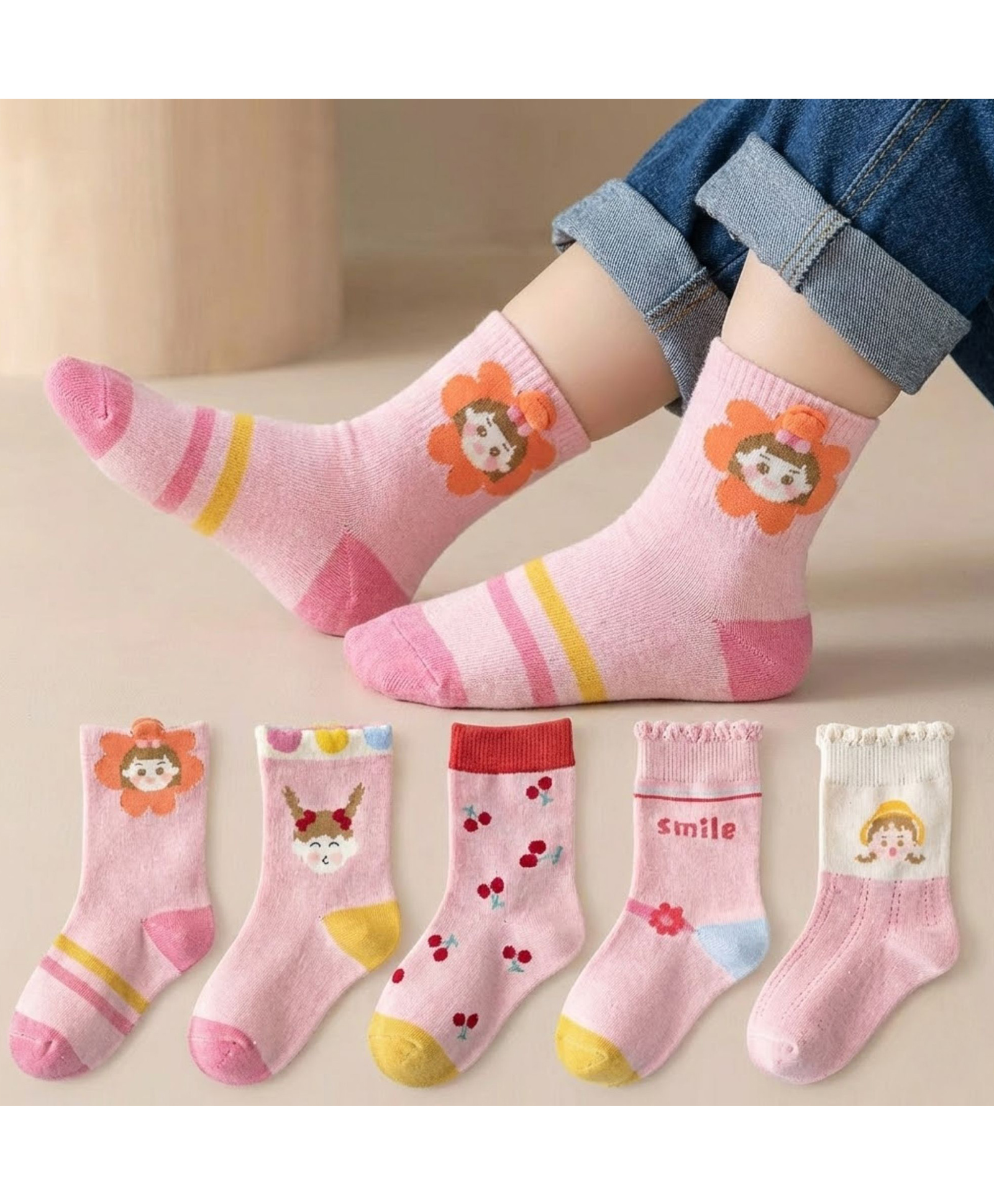 Bembika Knit Pack Of 5 Cherries & Floral Designed Socks - Pink-picture-32