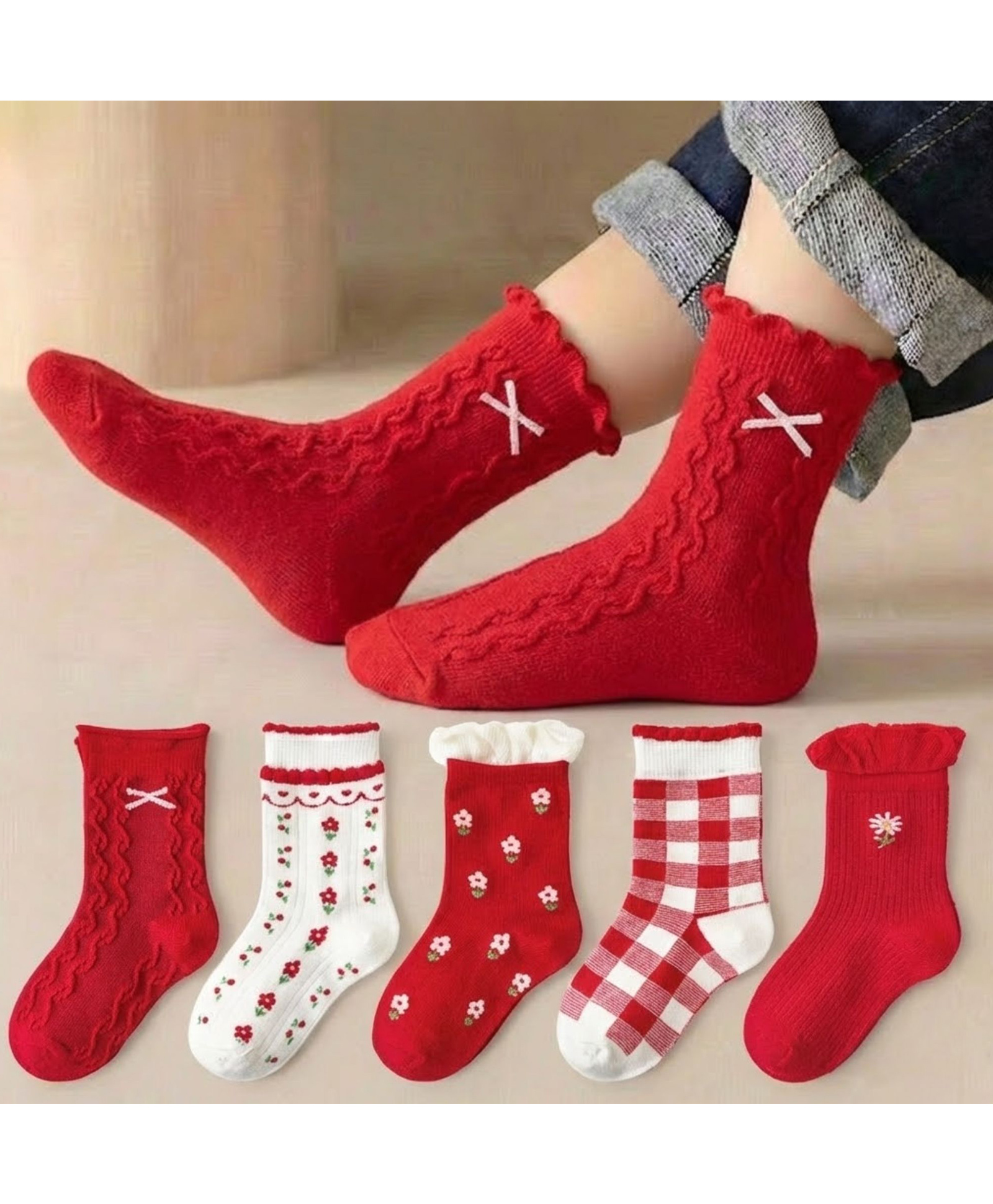 Bembika Knit Pack Of 5 Floral Designed & Checked Socks - Crimson Red-image-12