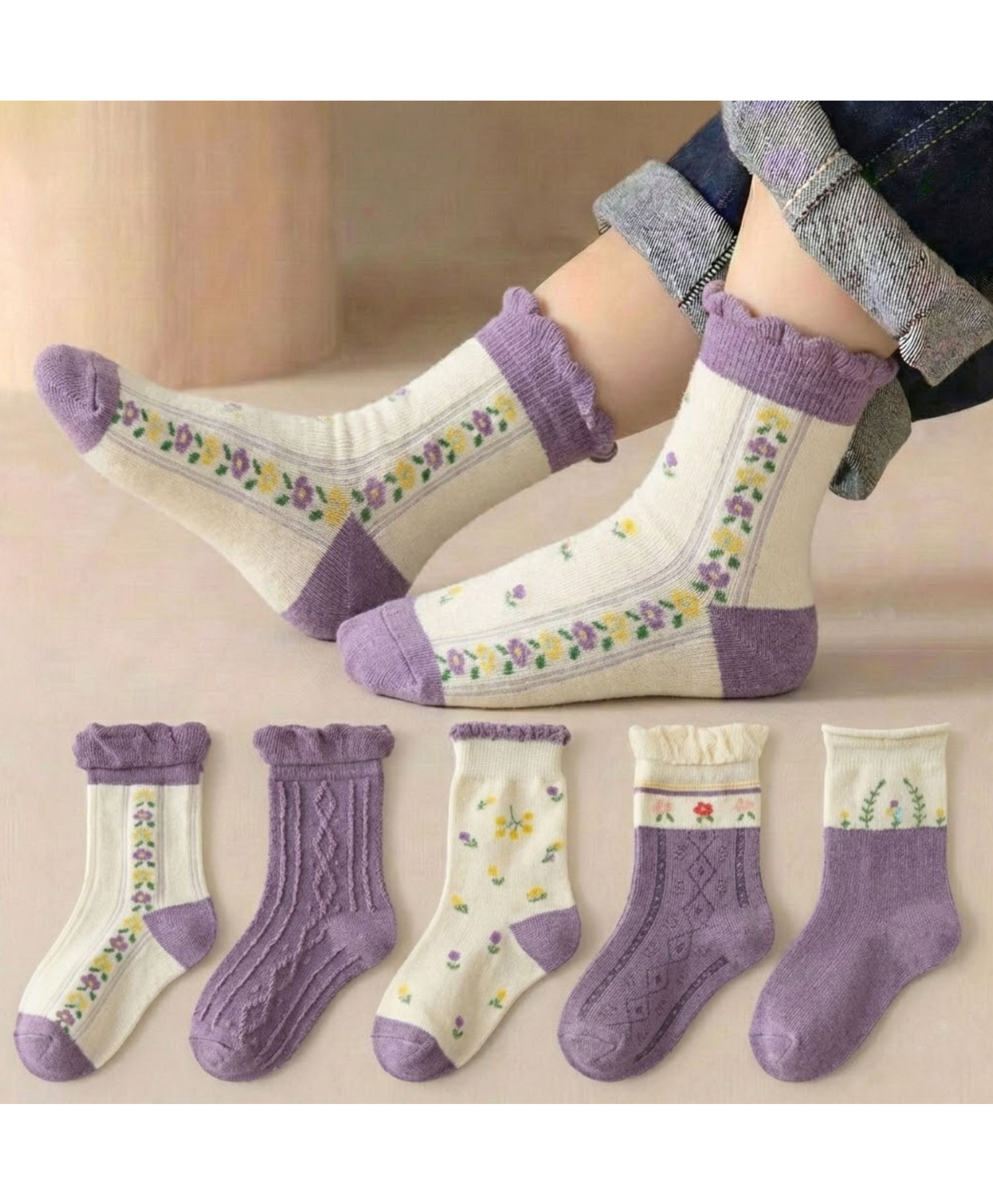 Bembika Knit Pack Of 5 Floral Designed Socks - Violet-picture-31