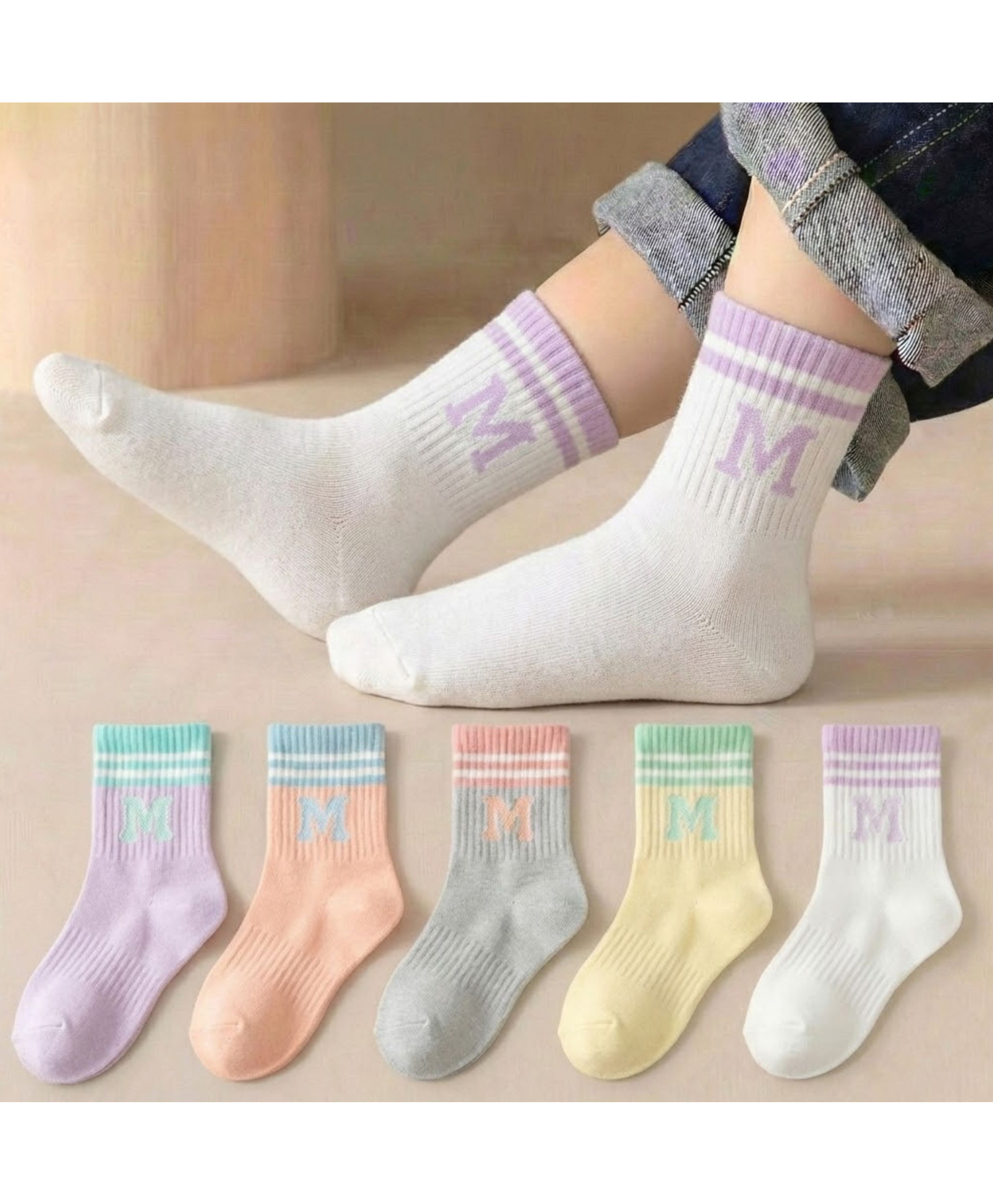 Bembika Pack Of 5 M Alphabet Designed Stretchable Socks - Multi Colour-picture-17