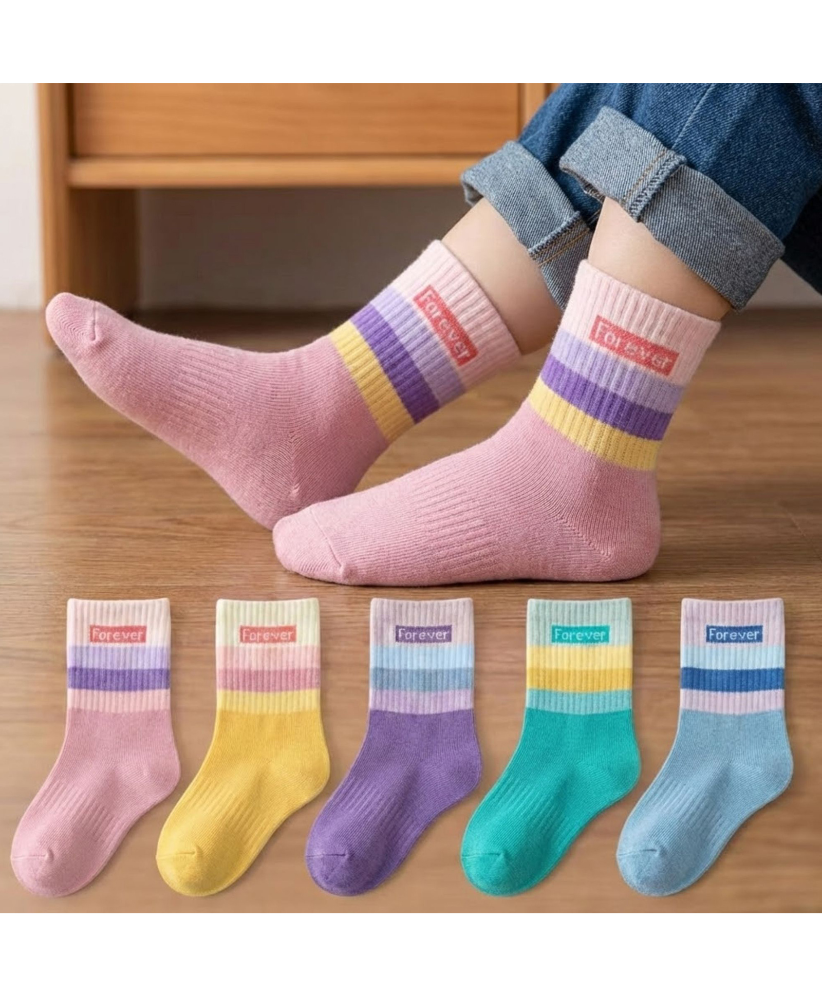 Bembika Knit Pack Of 5 Colour Blocked Striped Forever Text Designed Socks - Multi Colour-picture-19