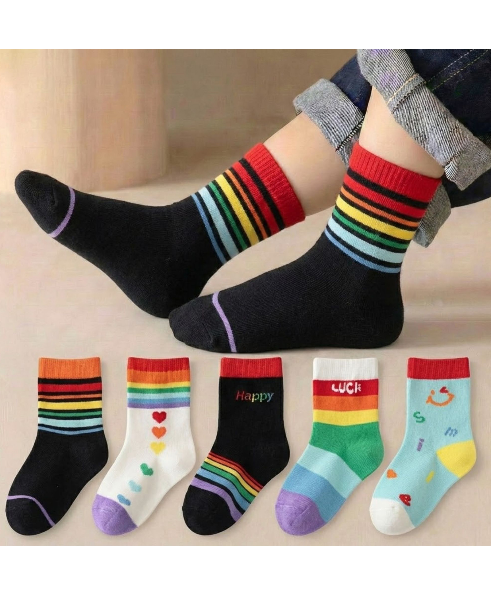 Bembika Knit Pack Of 5 Striped & Heart Designed Socks - Multi Colour-picture-16