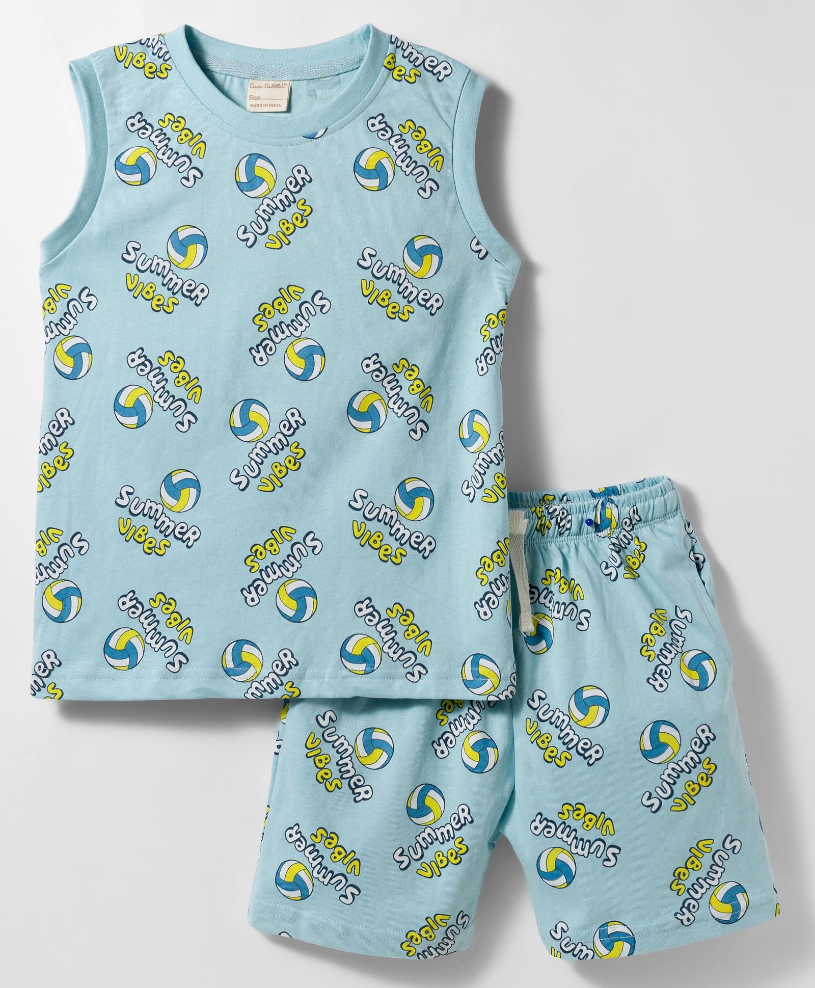 CUCUMBER Knitted Sleeveless Summer Vibes Printed Co-Ords T-Shirt & Shorts Night Suit - Light Blue-image-16
