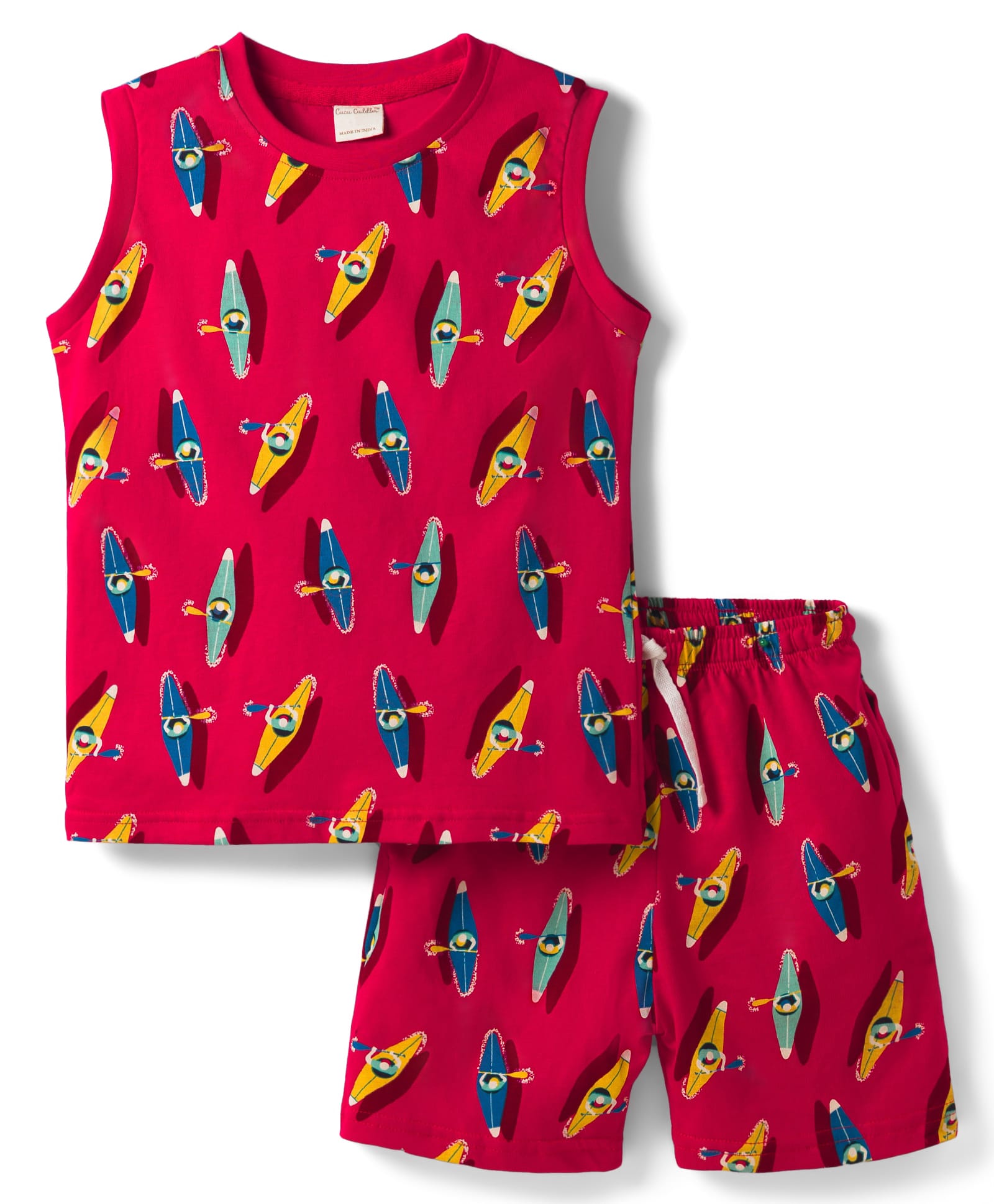 CUCUMBER Knitted Sleeveless T-Shirt & Shorts Co-Ord Night Suit with Kayak Print - Red-image-42