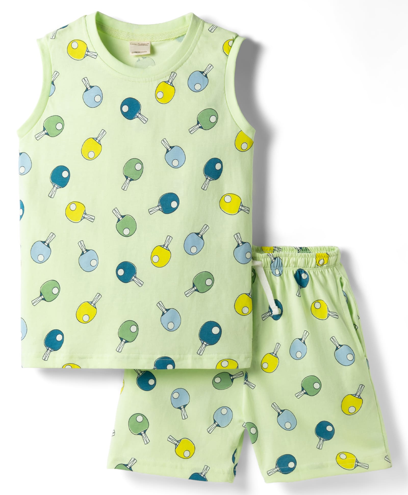 CUCUMBER Knitted Sleeveless T-Shirt & Shorts Co-Ord Night Suit with Table Tennis Print - Light Green-image-39