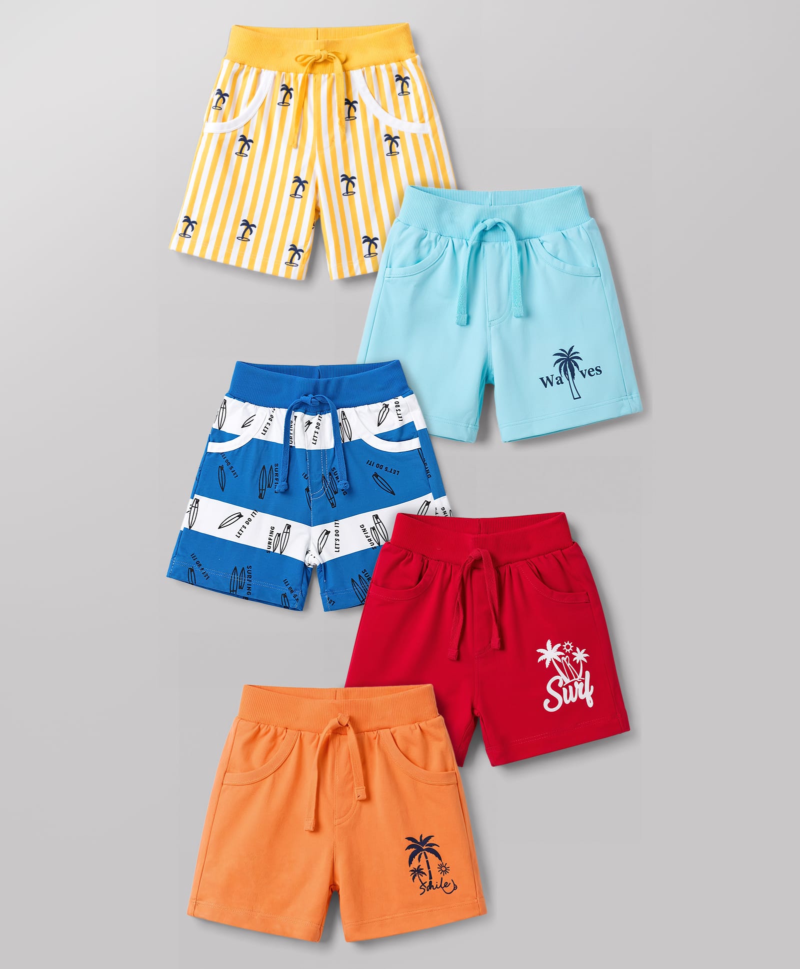Doodle Poodle 100% Cotton Knit Knee Length Striped & Beach Theme Printed Shorts Pack Of 5 - Orange Red & Light Blue-picture-11