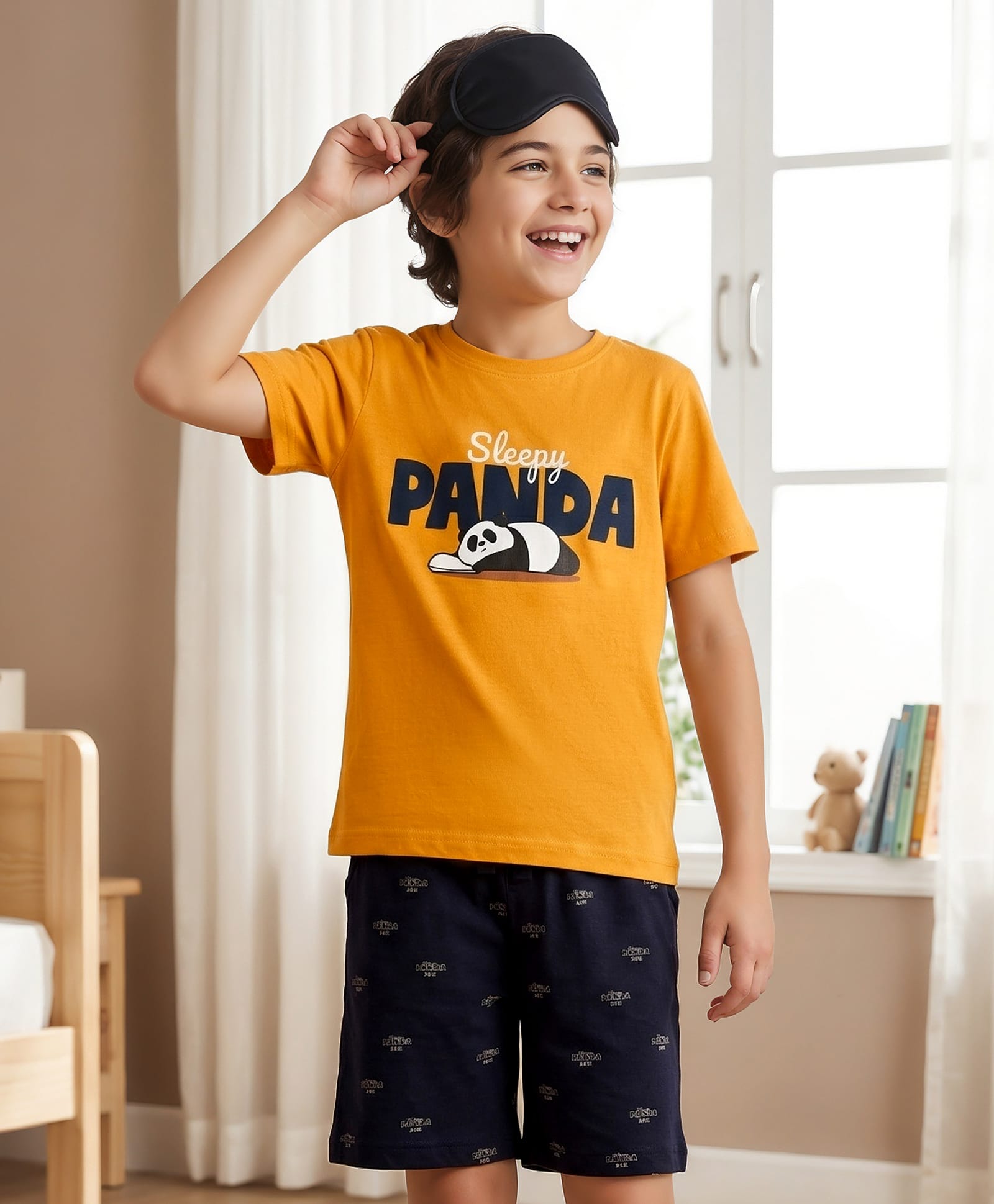 Pine Kids Cotton Knit Half Sleeves T-Shirt & Shorts Night Suit With Panda Print - Yellow-image-16