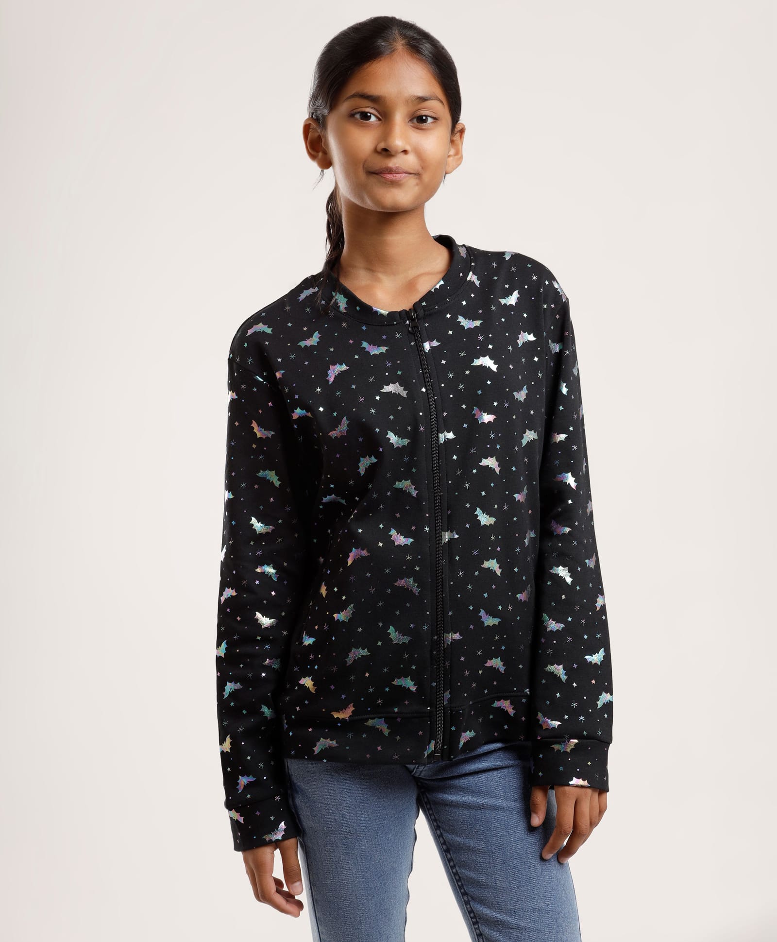CHILINS Fleece Knit Full Sleeves Bats Printed Pre Winter Jacket - Black-image-45