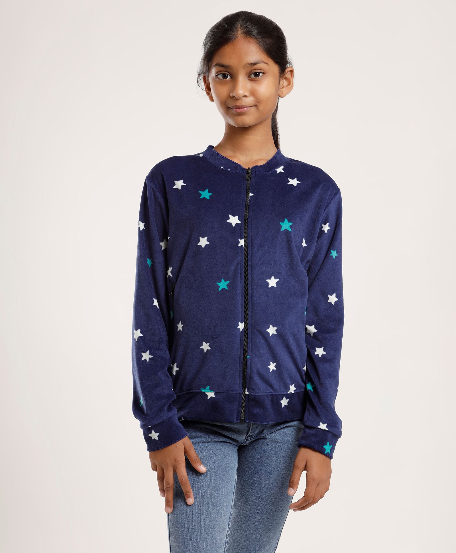 CHILINS Fleece Knit Full Sleeves Stars Printed Pre Winter Jacket - Blue-image-9