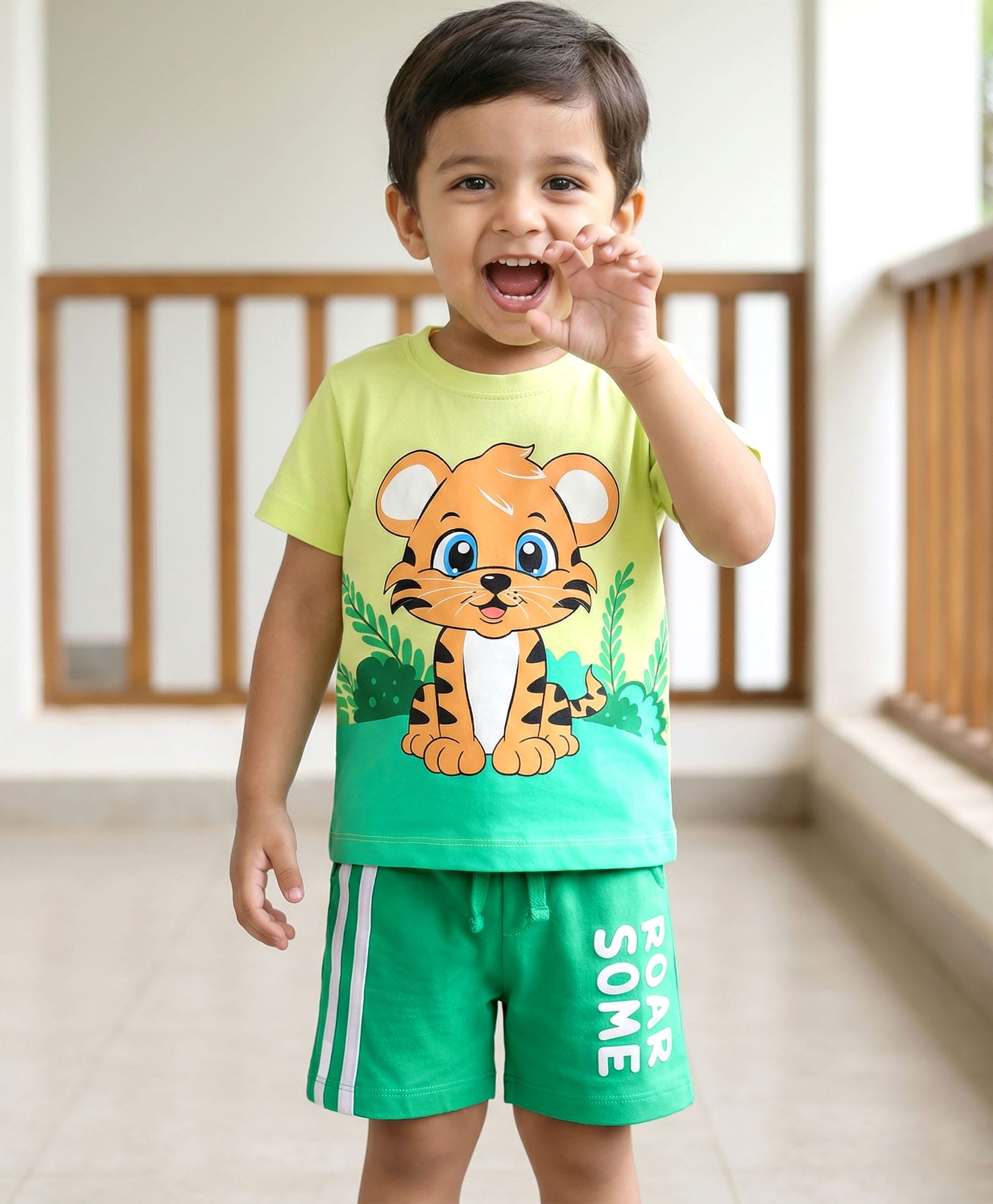 Babyhug Single Jersey Knit Half Sleeves T-Shirt & Shorts Set With Tiger Print - Green-image-27