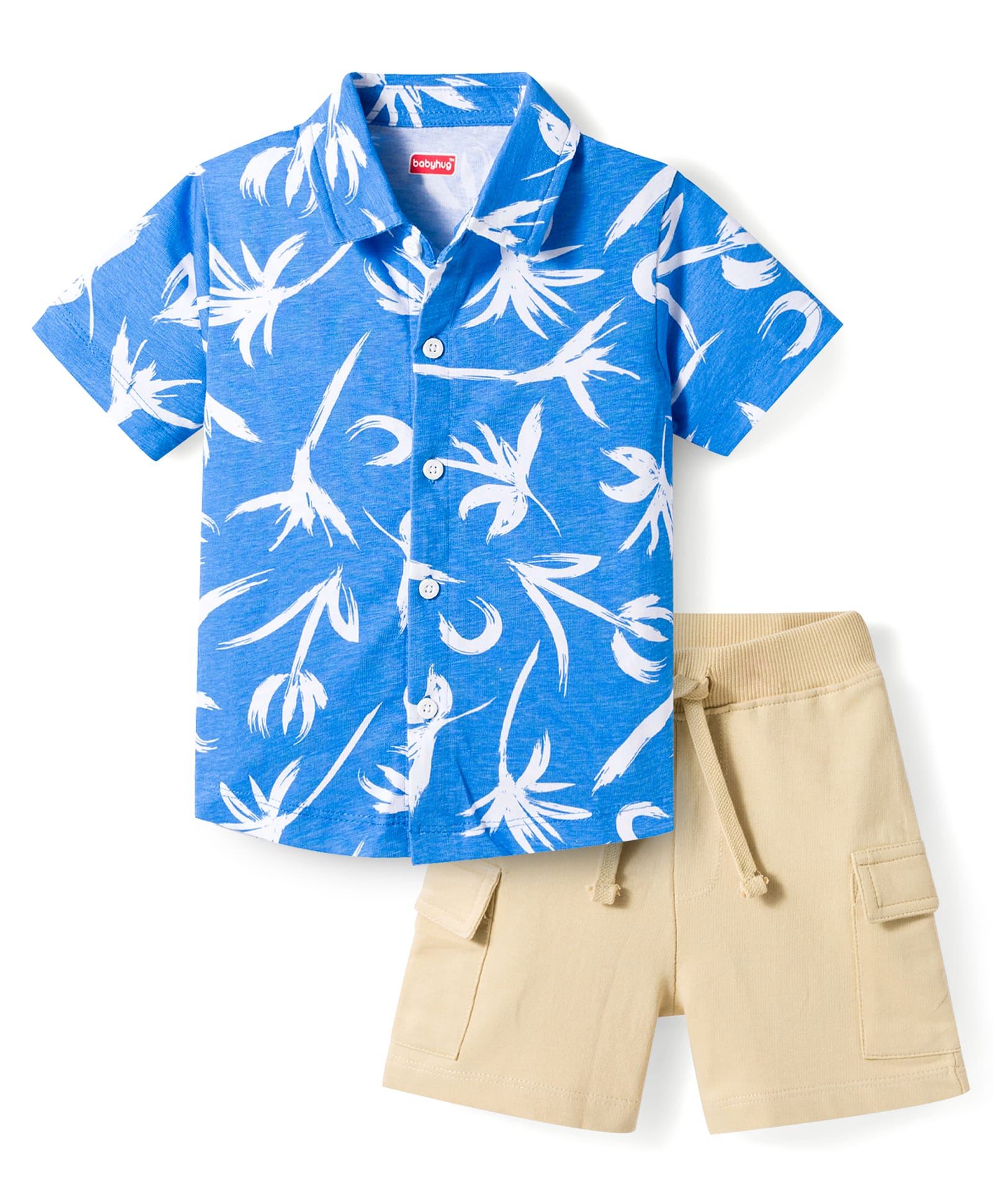 Babyhug Single Jersey Knit Half Sleeves Shirt & Shorts Set with Floral Print - Blue & Beige-image-15
