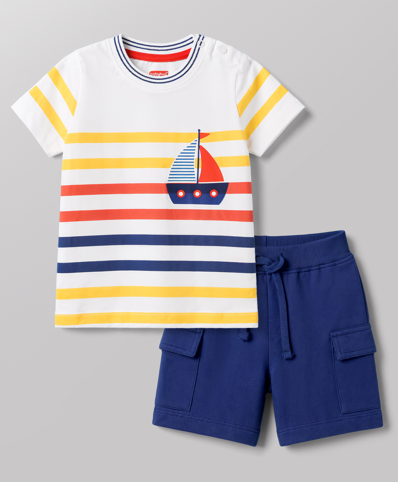 Babyhug Single Jersey Knit Half Sleeves Striped & Nautical Theme Printed T-Shirt & Cargo Shorts Set - Multicolor & Navy Blue-image-28