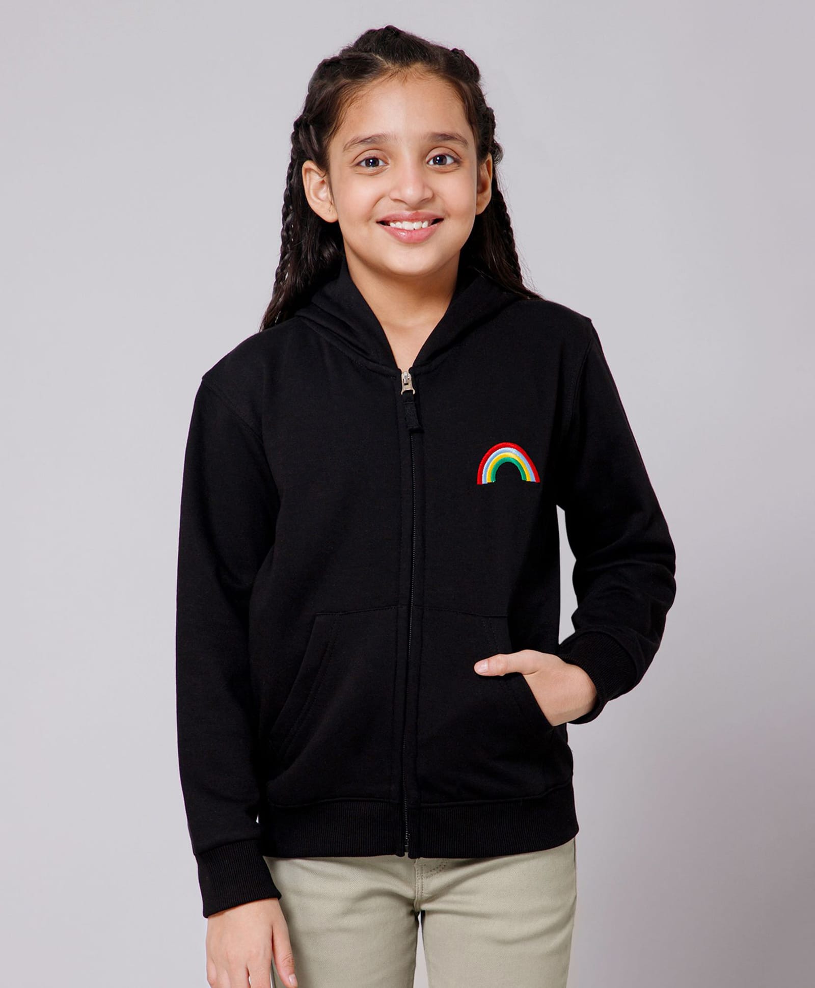 ALAN JONES Cotton Blend Knit Full Sleeves Rainbow Embroidered Light Winter Hooded Jacket - Black-image-41