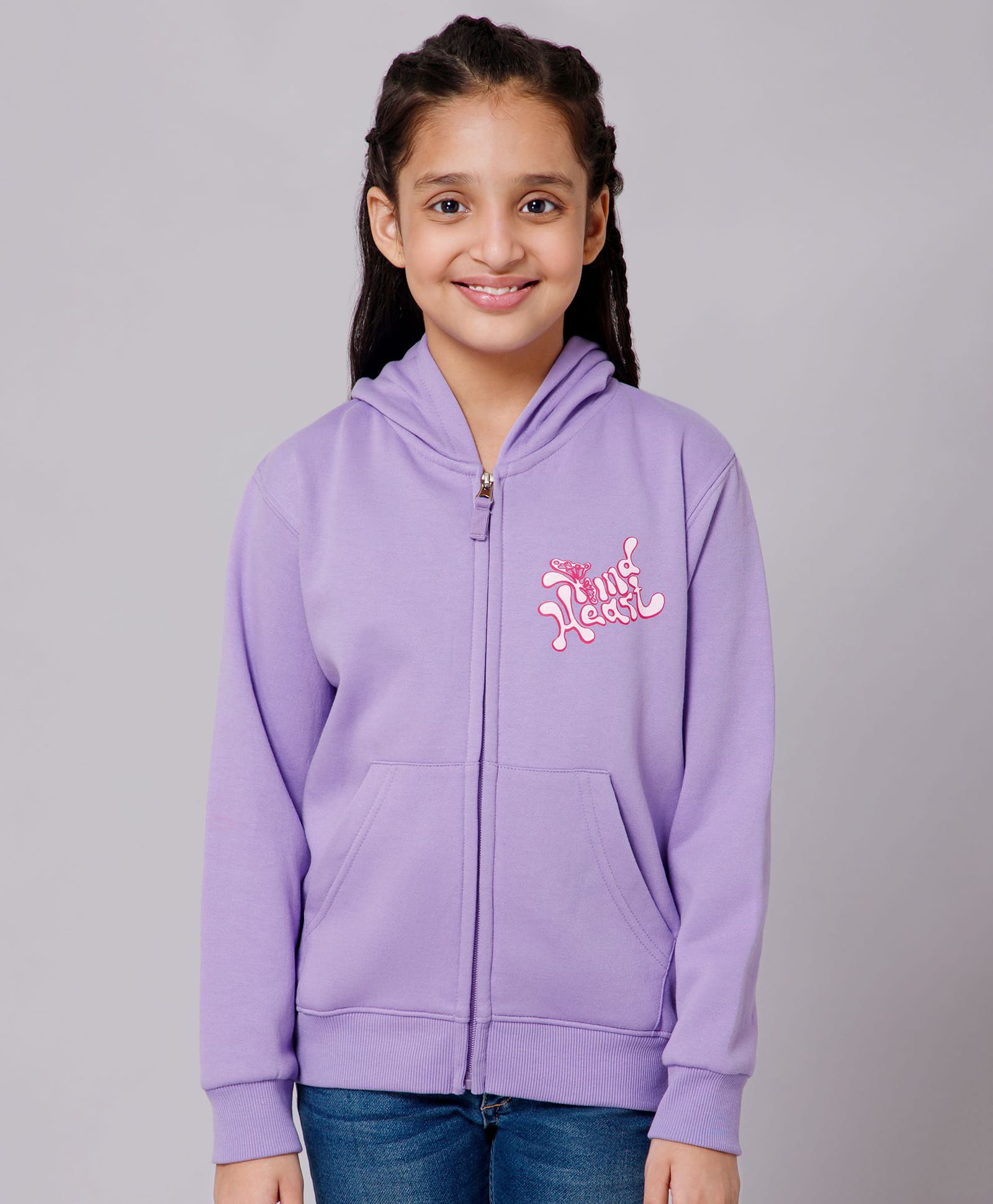 ALAN JONES Cotton Blend Knit Full Sleeves Kind Heart Text Printed Light Winter Hooded Jacket - Light Purple-picture-13