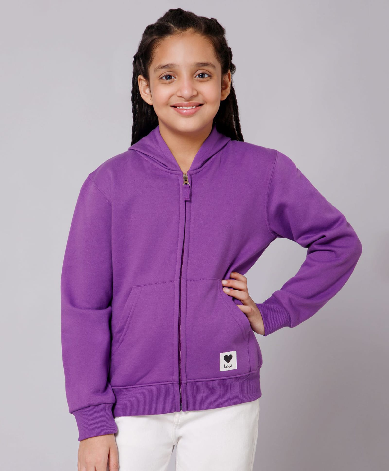 ALAN JONES Cotton Blend Knit Full Sleeves Love Text Patch Detailed Light Winter Hooded Jacket - Purple-image-2