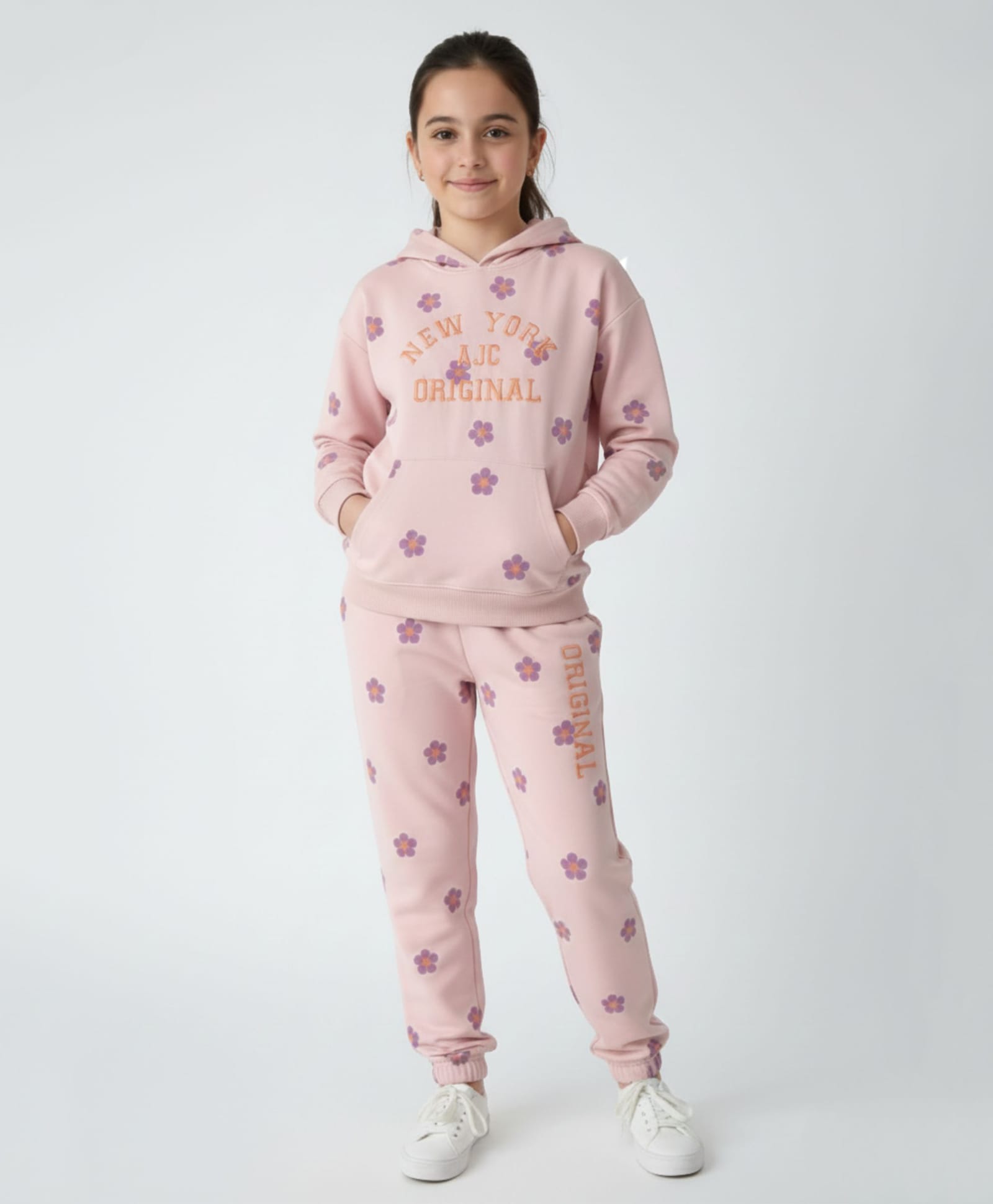 ALAN JONES Cotton Blend Knit Full Sleeves New York Text Embroidered Floral Printed Coordinating Winter Hooded Sweatshirt & Joggers Set - Pink-image-43