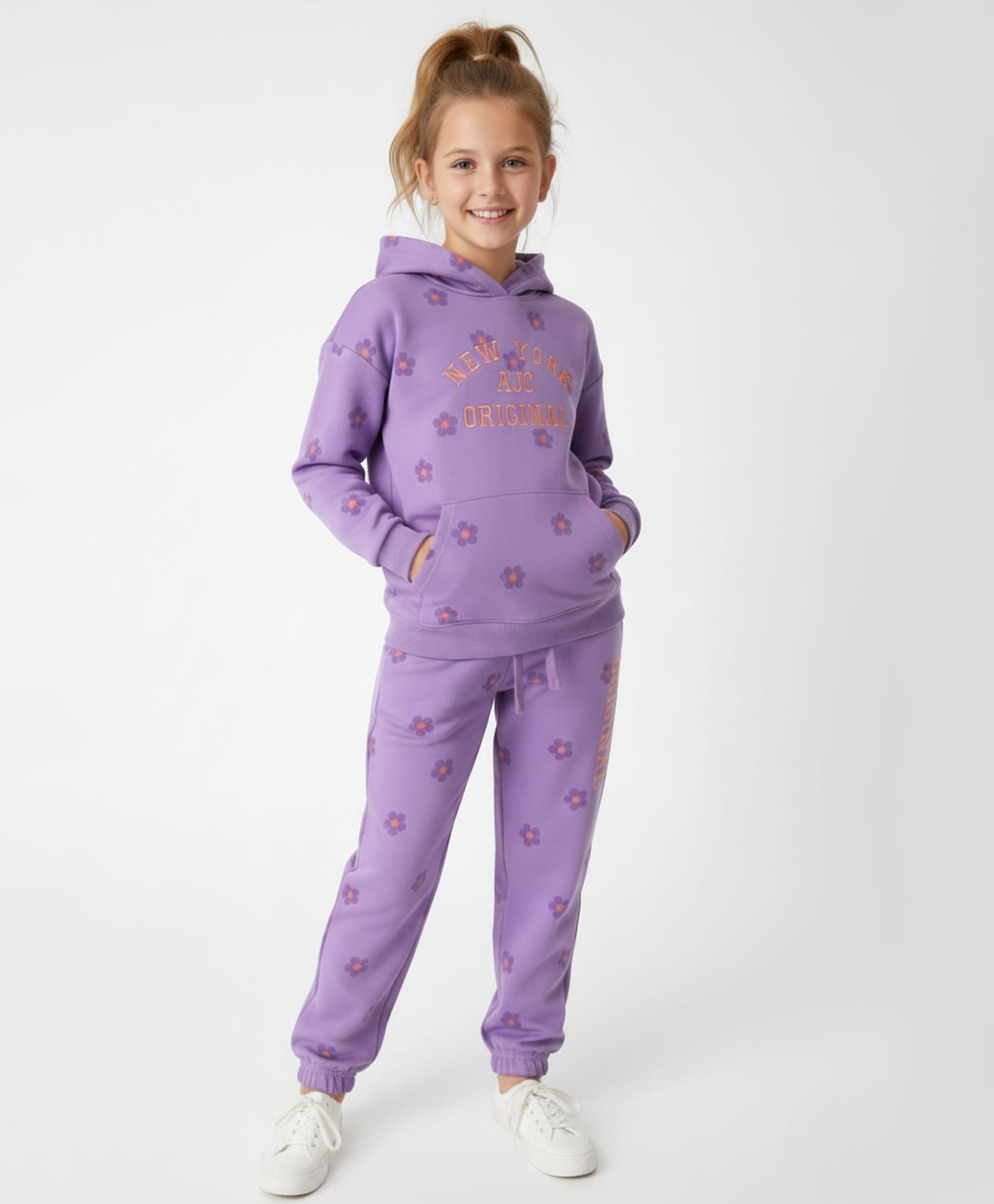 ALAN JONES Cotton Blend Knit Full Sleeves New York Text Embroidered Floral Printed Coordinating Winter Hooded Sweatshirt & Joggers Set - Purple-image-11