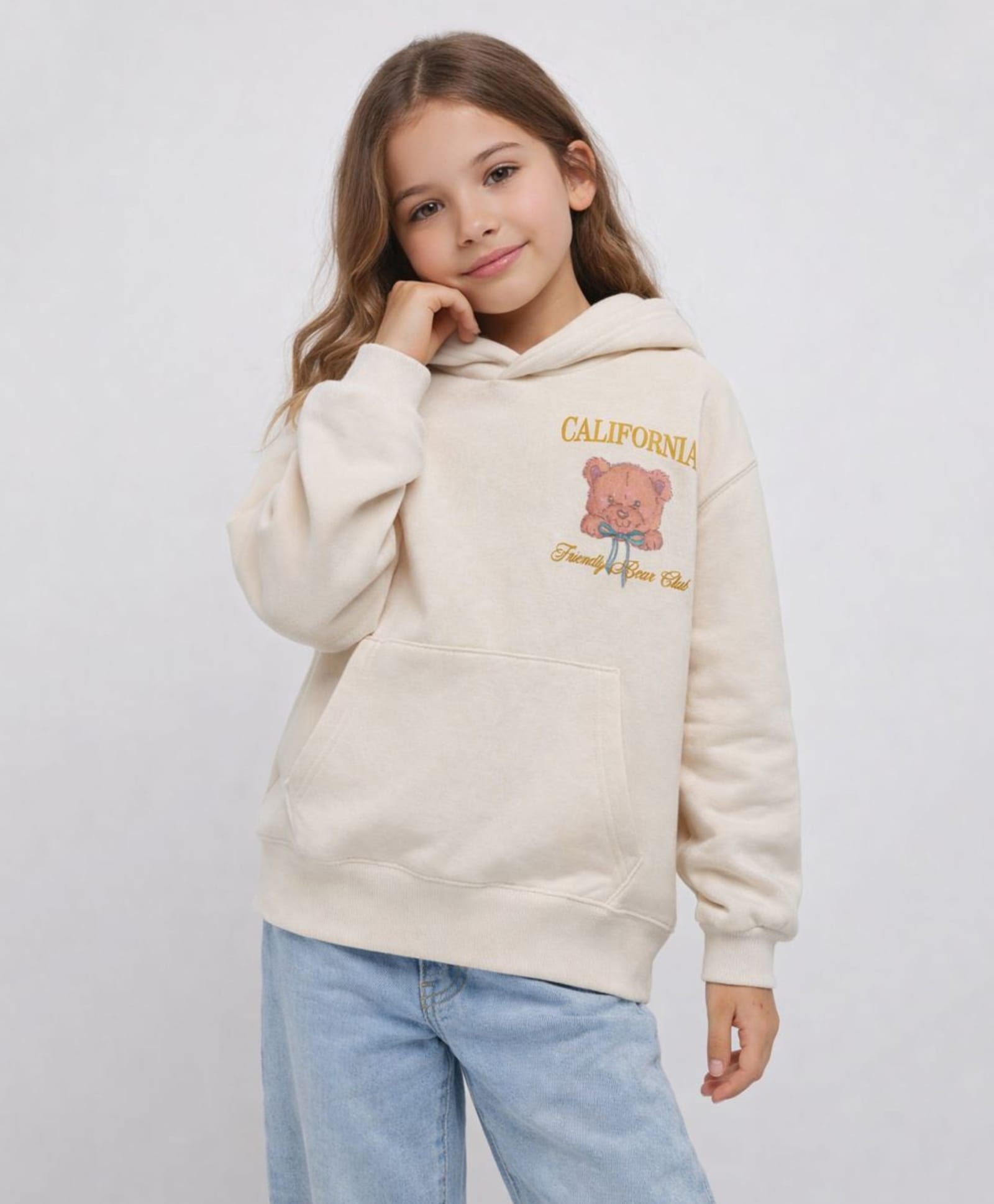 ALAN JONES Cotton Blend Knit Full Sleeves California Text & Teddy Printed Light Winter Oversized Hoodie - Ecru-picture-20
