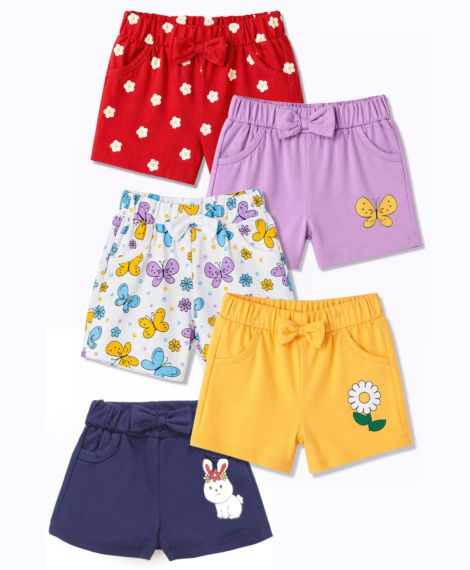 Doodle Poodle 100% Cotton Knit Knee Length Floral Bunny & Butterfly Printed Shorts With Bow Applique Pack Of 5 - Red Navy Blue & Yellow-picture-14
