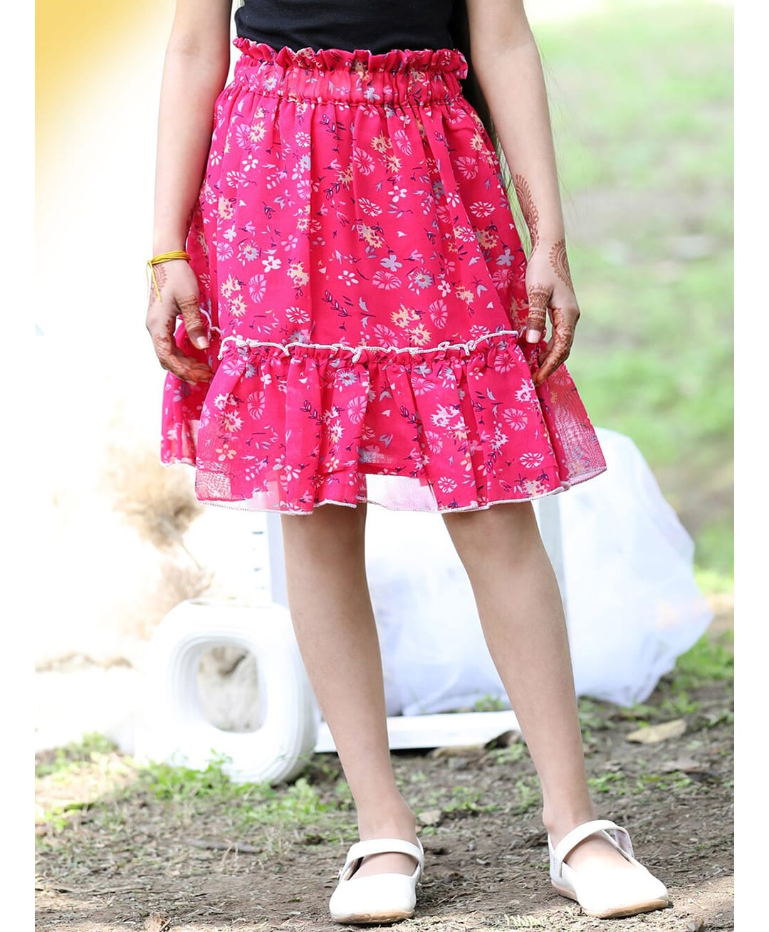 Cutiekins Georgette Woven Floral Printed Skirt - Pink & White-picture-14