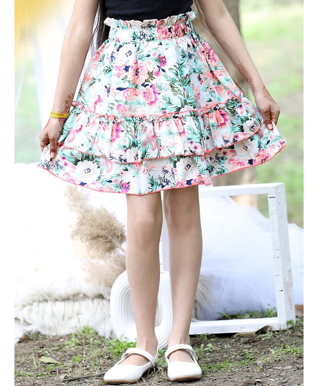 Cutiekins Woven Floral Printed Skirt - Off White & Pink-picture-30
