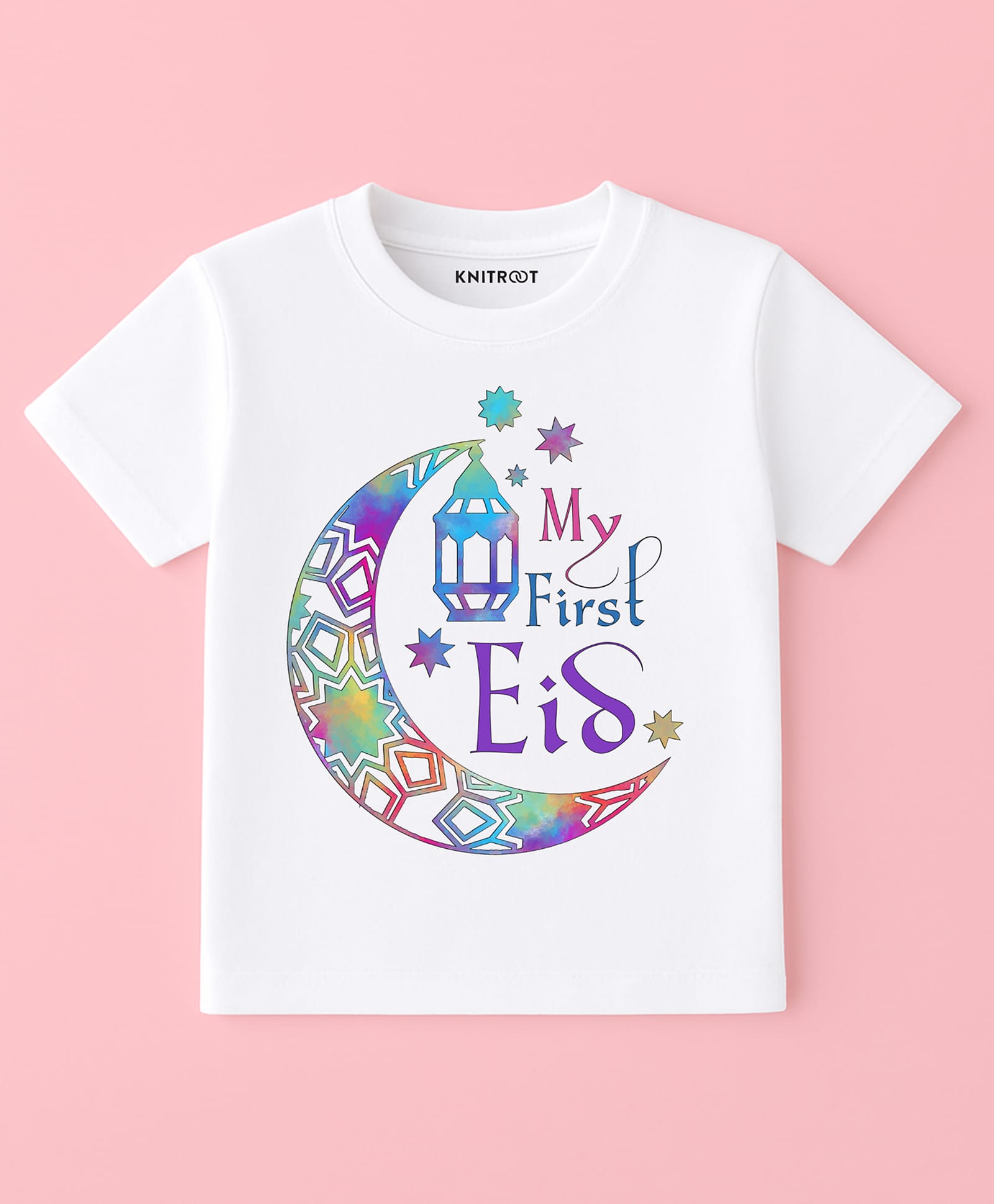 KNITROOT Cotton Knit Eid Theme Half Sleeves My First Eid Text Printed Tee - White
