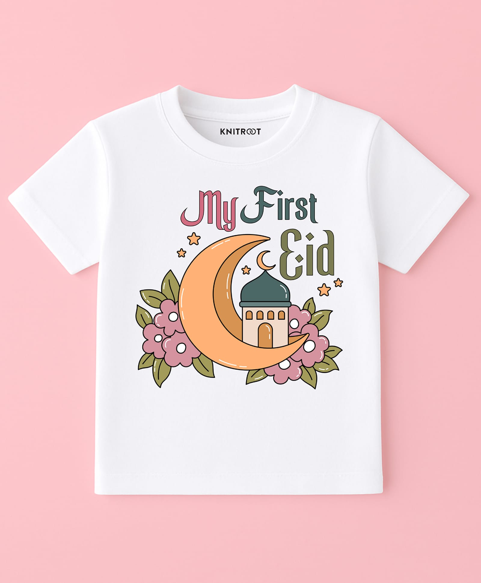 KNITROOT Cotton Knit Eid Theme Half Sleeves My First Eid Text Printed Tee - White