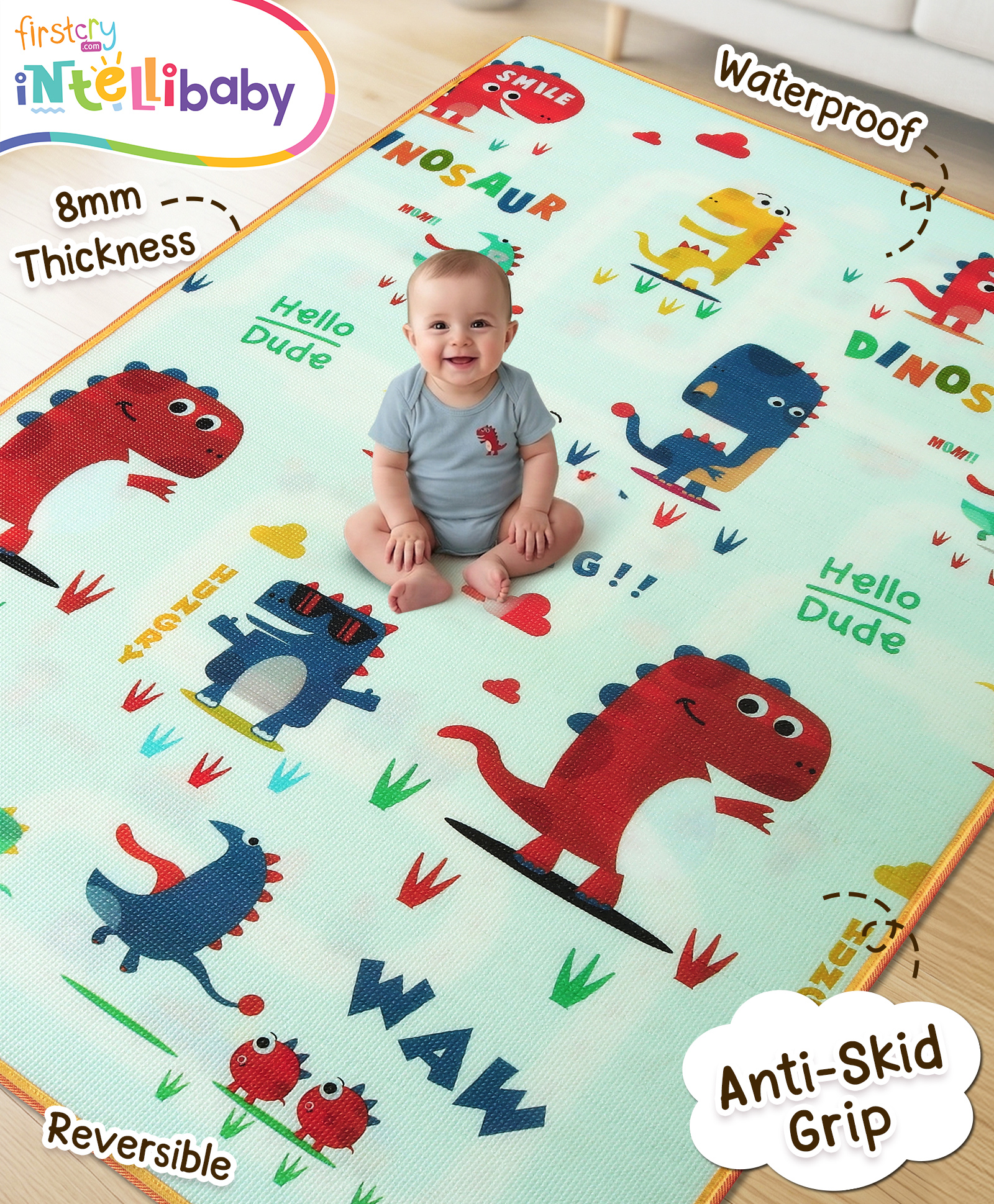 Intellibaby Premium Dino Discovery Crawling Play Mat for Babies |Double-Sided (City-Scape Vehicles & Dinosaur Theme) |6x4 ft 8 mm Thick | Waterproof, Anti-Slip & Grip |Indoor & Outdoor|BIS Certified-picture-10