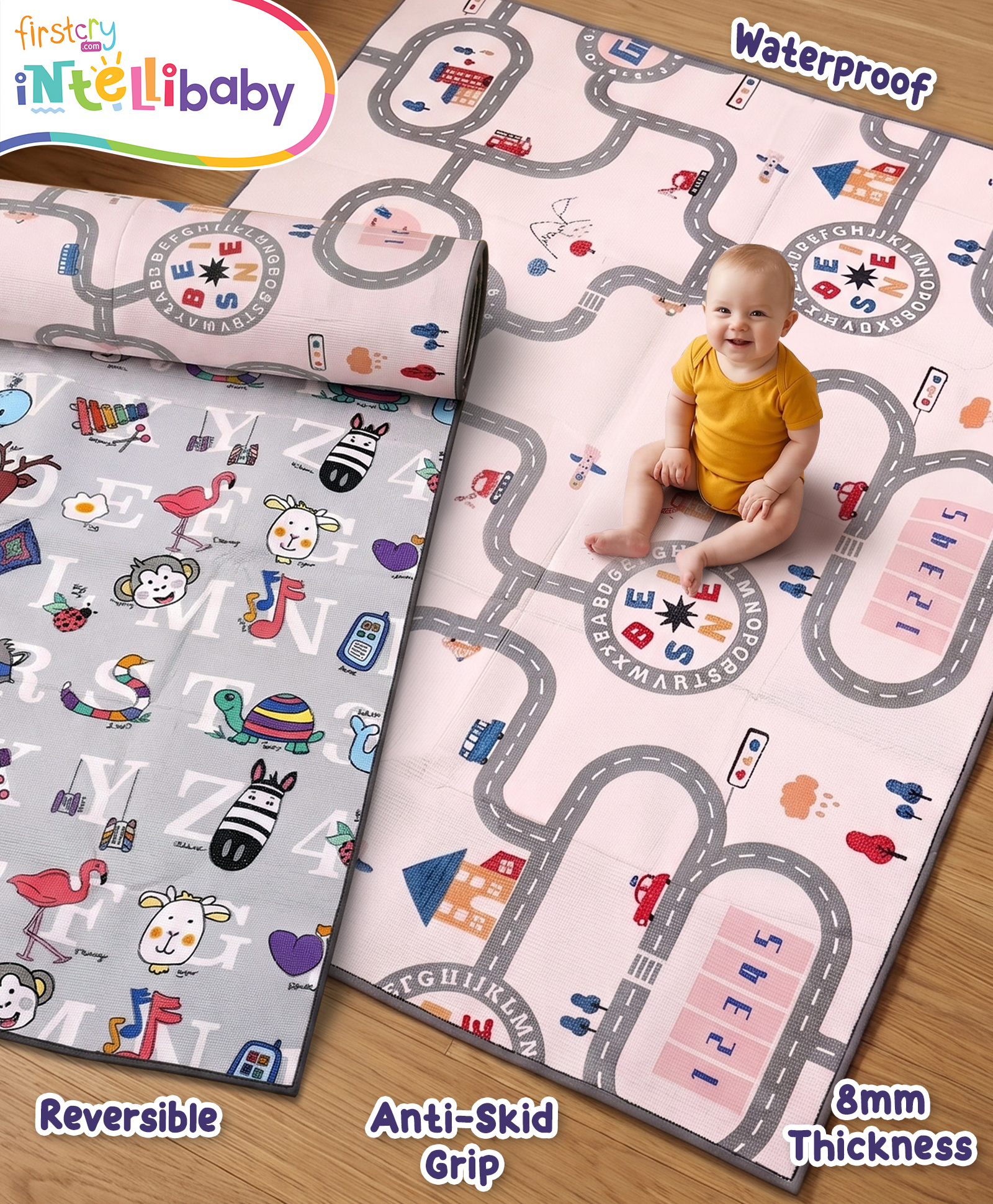 Intellibaby Alphabet & Numbers Journey Crawling Play Mat for Babies | Double-Sided (A-Z Learning & Vehicles Roadmap) | 6x5 ft 7 mm Thick | Waterproof, Anti-Slip & Grip |Indoor & Outdoor |BIS Certified-picture-36