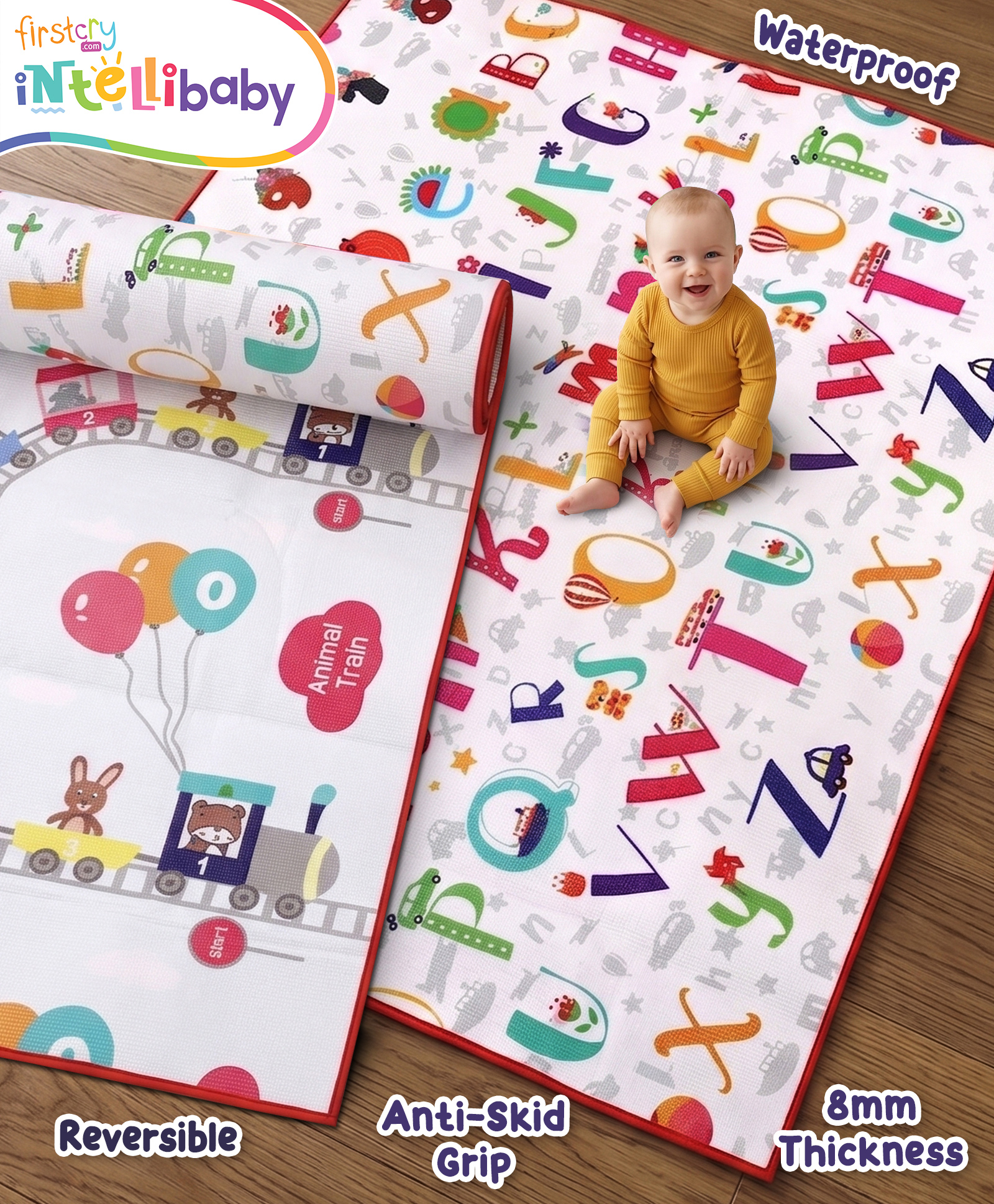 Intellibaby Animal Train Learning Crawling Play Mat for Babies |Double-Sided (A-Z & Animal Train Roadmap with Numbers)| 6x5 ft | Waterproof, Anti-Slip & Grip |Indoor & Outdoor |BIS Certified-picture-22