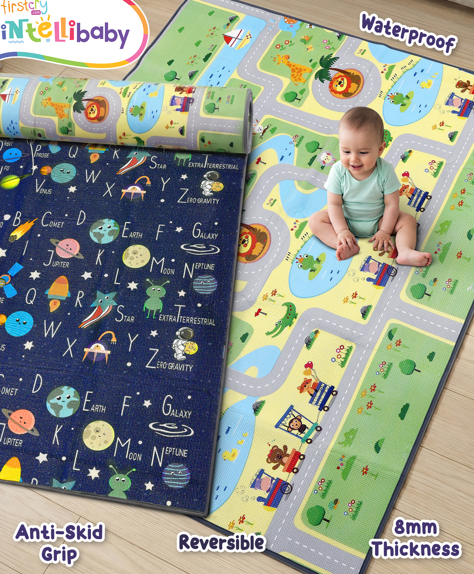 Intellibaby Safari N' Space Crawling Play Mat for Babies | Double-Sided (Alphabet Learning & Jungle Roadmap Theme) | 6x5 ft 7 mm Thick | Waterproof, Anti-Slip & Grip | Indoor & Outdoor | BIS Certified-image-28