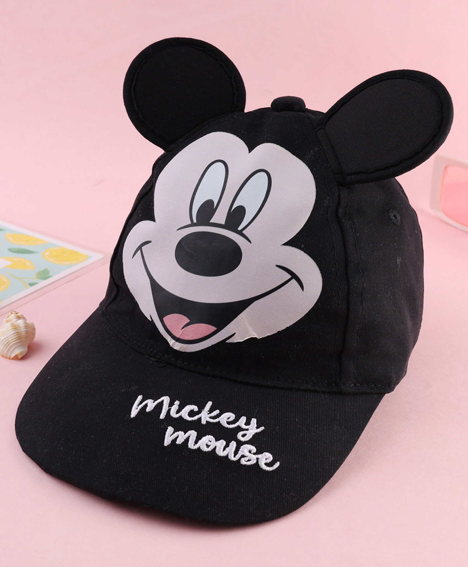 Babyhug Disney Cotton Woven Summer Cap With Mickey Mouse Graphics & Ear Applique Black - Diameter 22 cm