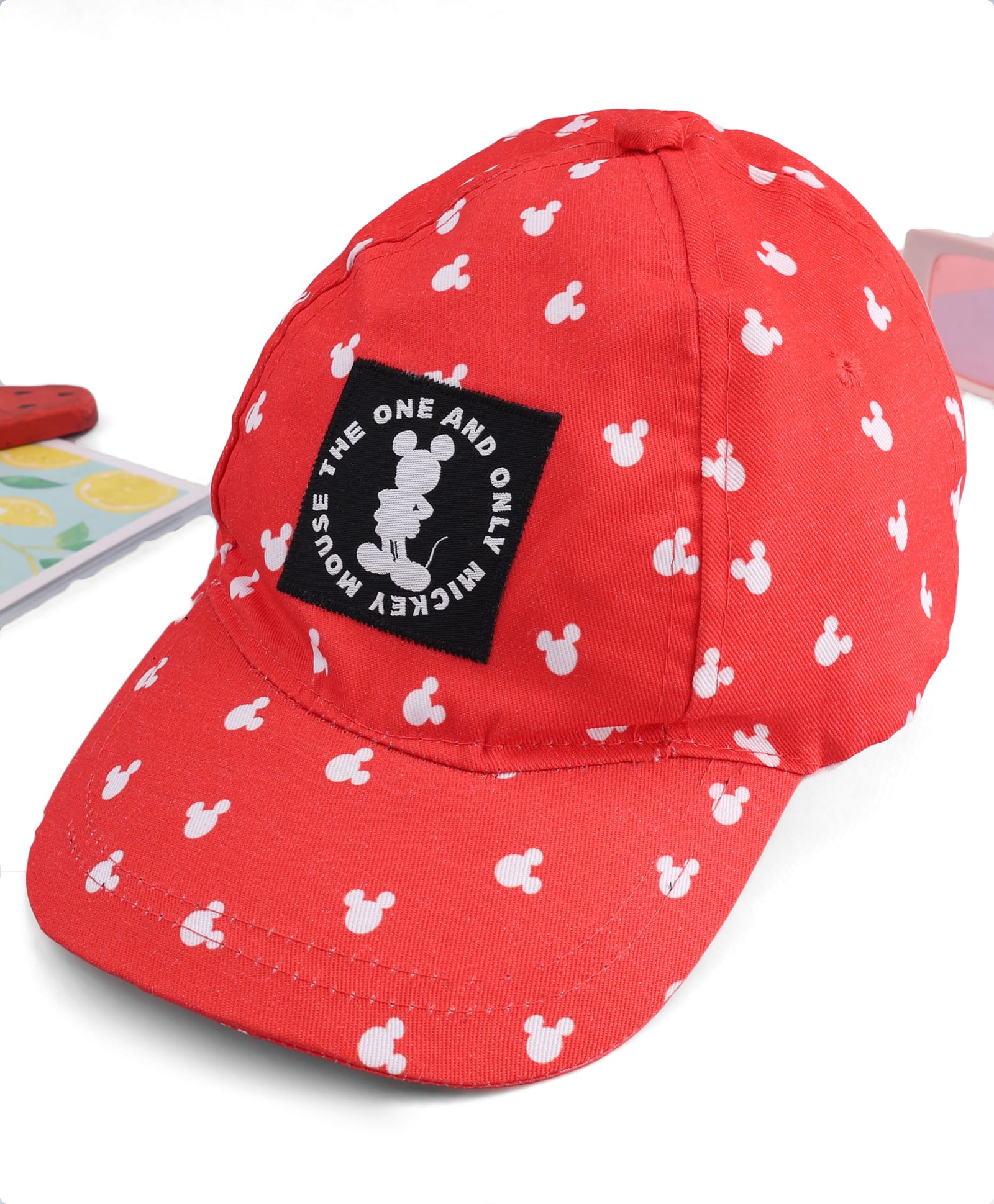 Babyhug Disney Cotton Woven Summer Cap With Mickey Mouse Graphics Red - Diameter 18 cm