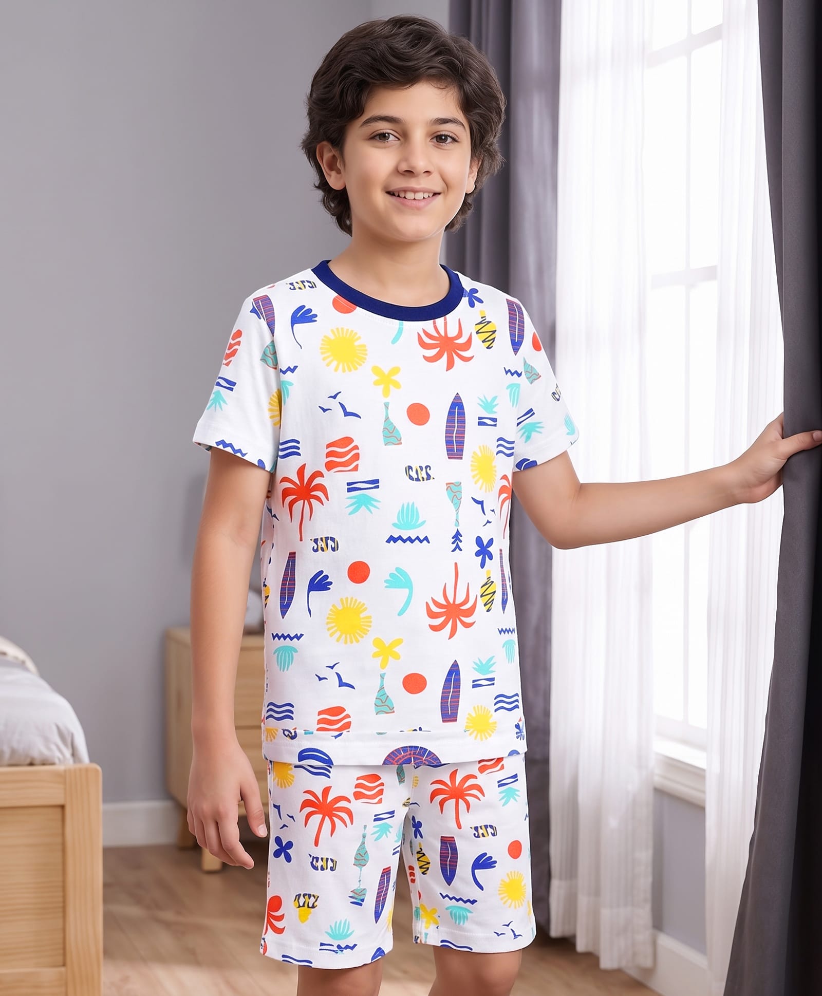 Pine Kids Cotton Knit Half Sleeves Co-Ord T-Shirt & Shorts Printed Night-Suit - White-picture-25