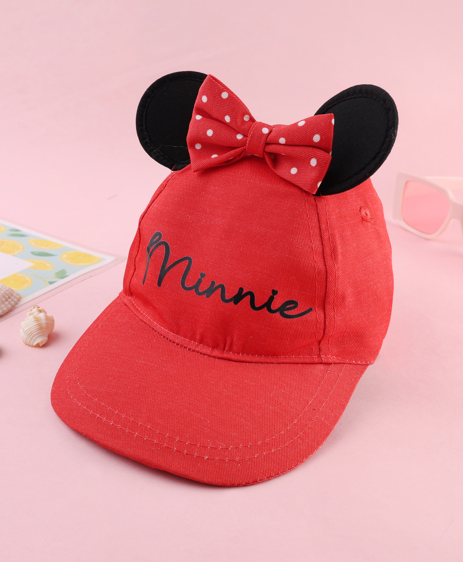 Babyhug Disney Cotton Woven Summer Cap With Minnie Mouse Graphics & Ear & Bow Applique Red - Diameter 20 cm