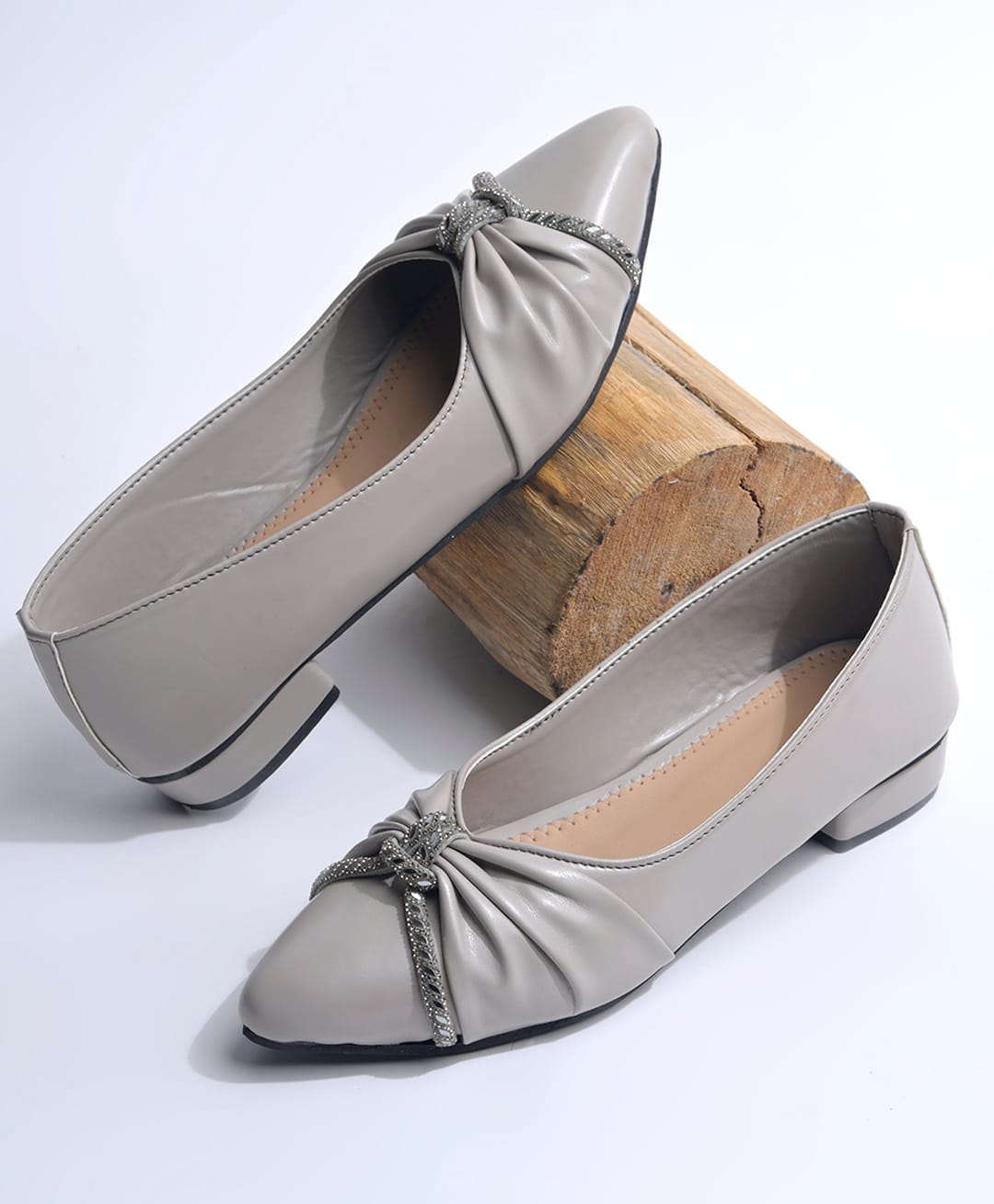 NZS Knot Detailed Rhinestones Embellished Heel Ballerinas - Grey-picture-17