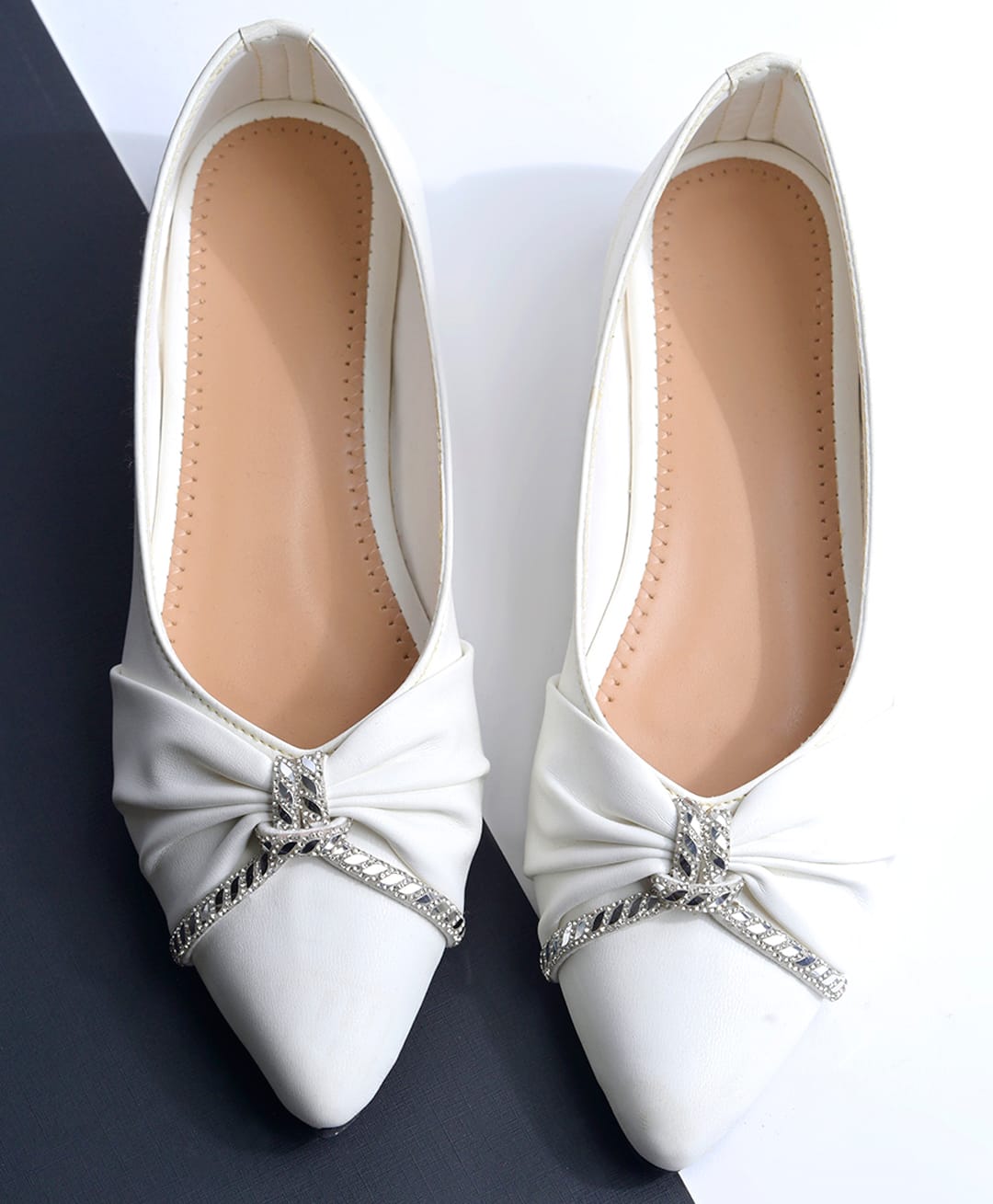 NZS Knot Detailed Rhinestones Embellished Heel Ballerinas - White-image-35