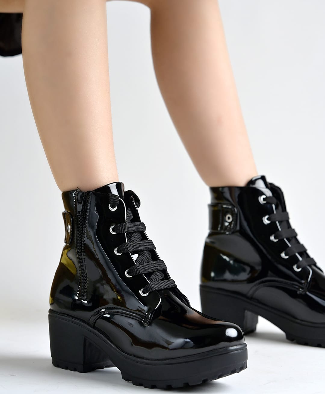 NZS Glossy Finished Zipper Heel Combat Boots - Black-picture-19