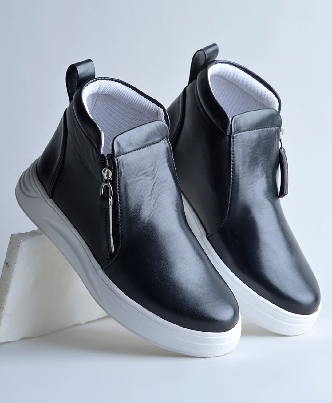 NZS Solid Zipper Closure Vegan Leather Shoes - Black-picture-25