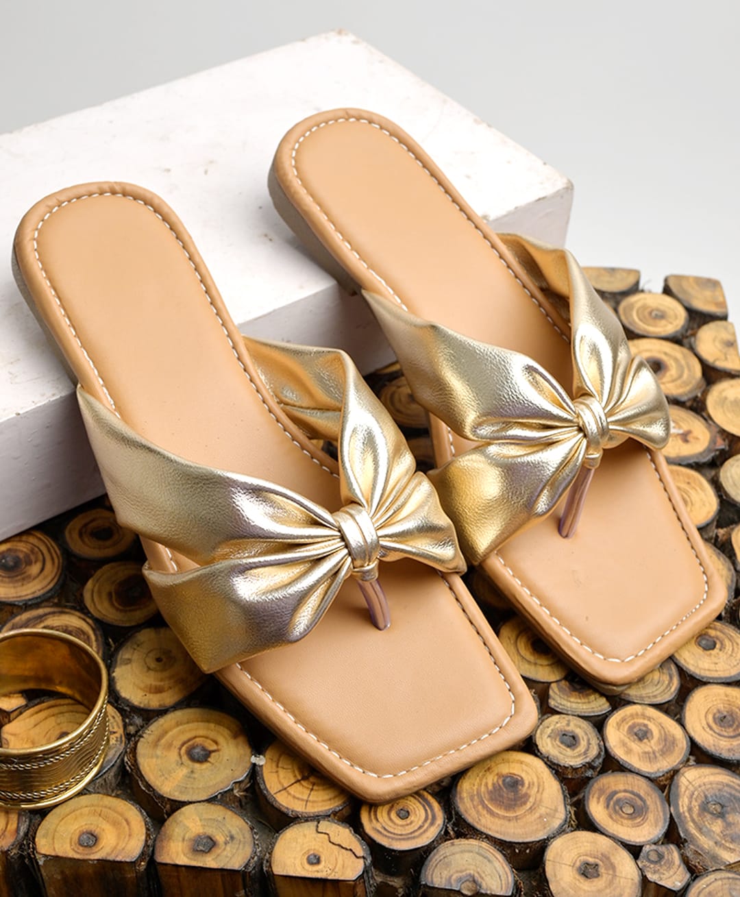 NZS Metallic Finish Bow Designed Sandals - Golden-picture-19