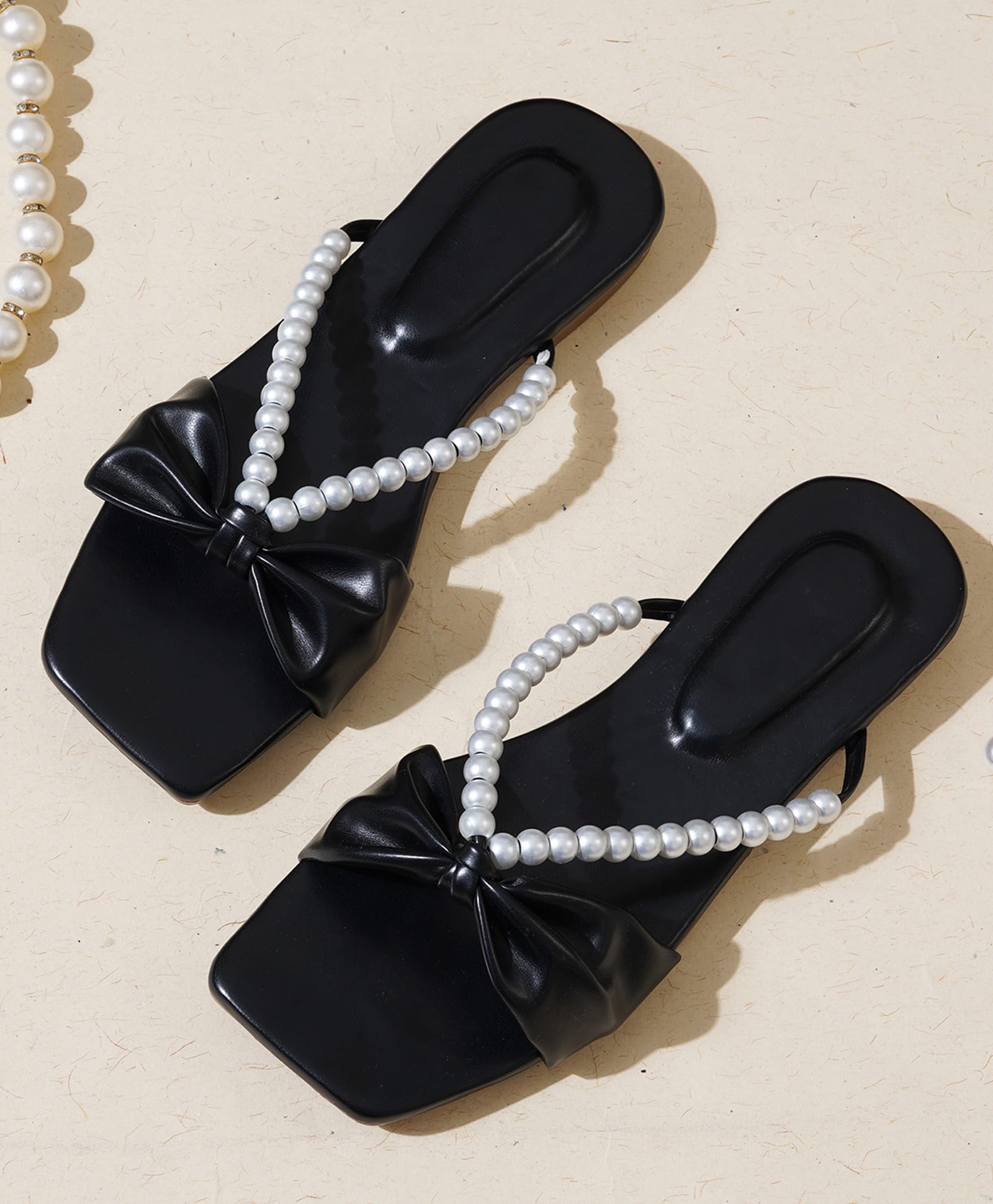 NZS Faux Pearl Embellished Bow Applique Detailed Sandals - Black-picture-22