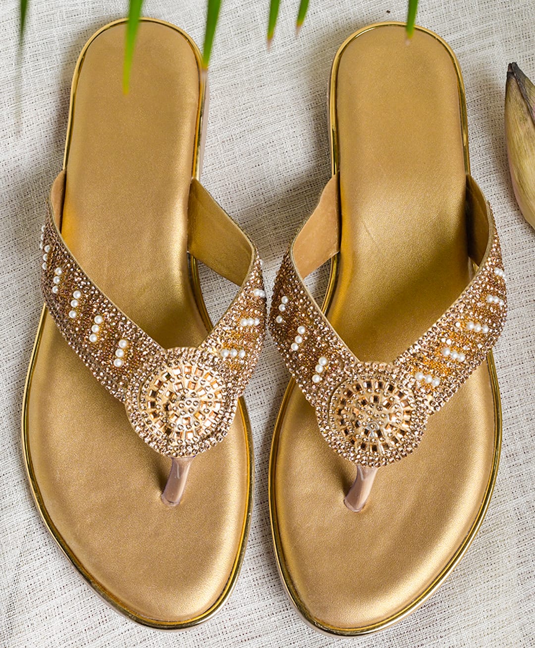 NZS Metallic Finish Pearls & Stone Embellished Sandals - Golden-picture-14